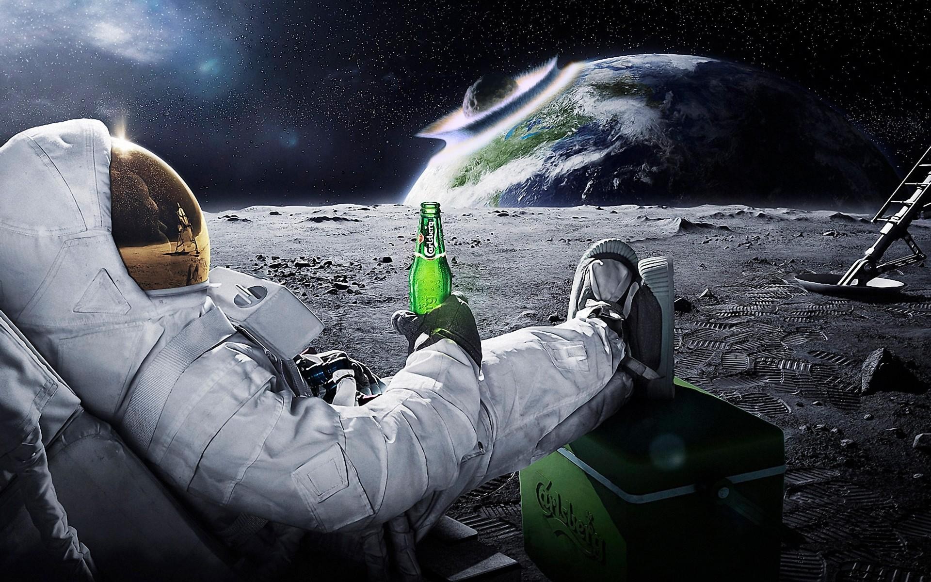 Space Astronaut Meteors Earth Beer Carlsberg Dark Humor 1920x1200