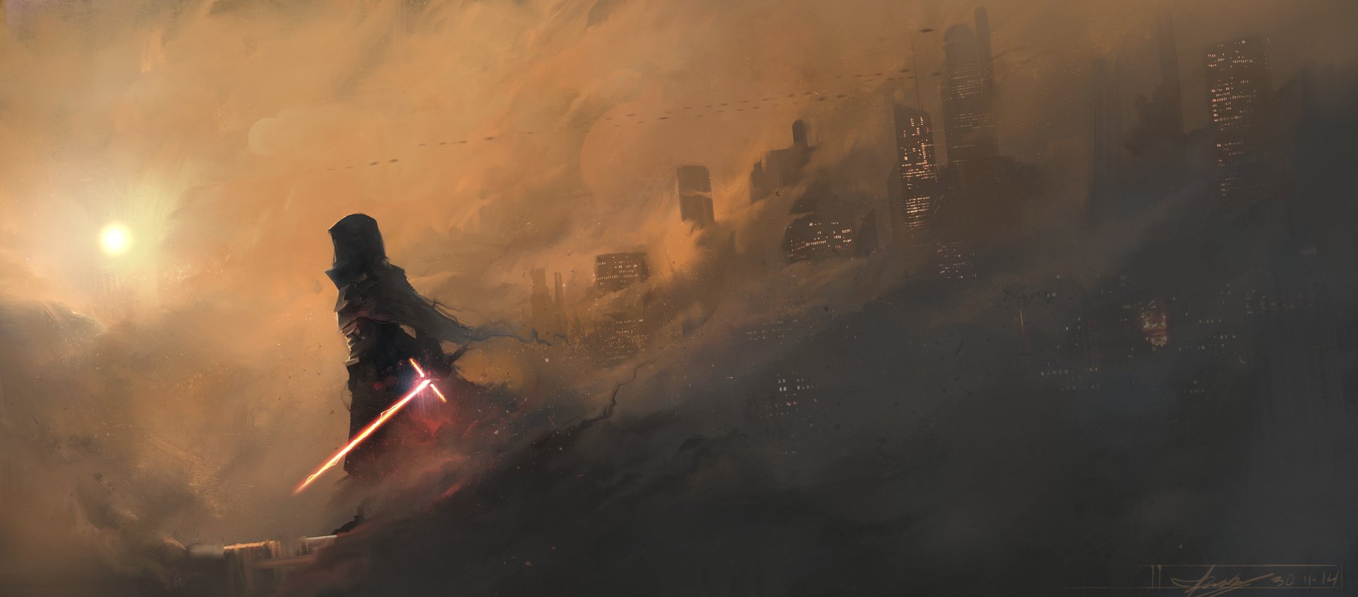 Digital Art Artwork Laser Swords City Sun Star Wars 1920x844