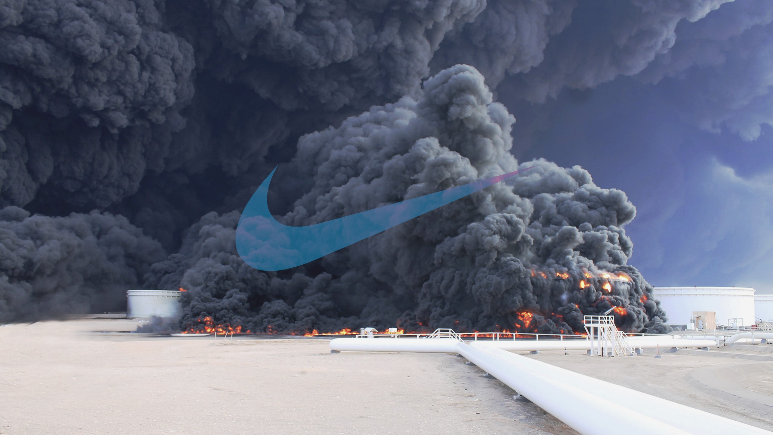 Oil Pump Fire Smoke Nike Logo Syria Sky Humor Dark Humor Just Do It 2560x1440
