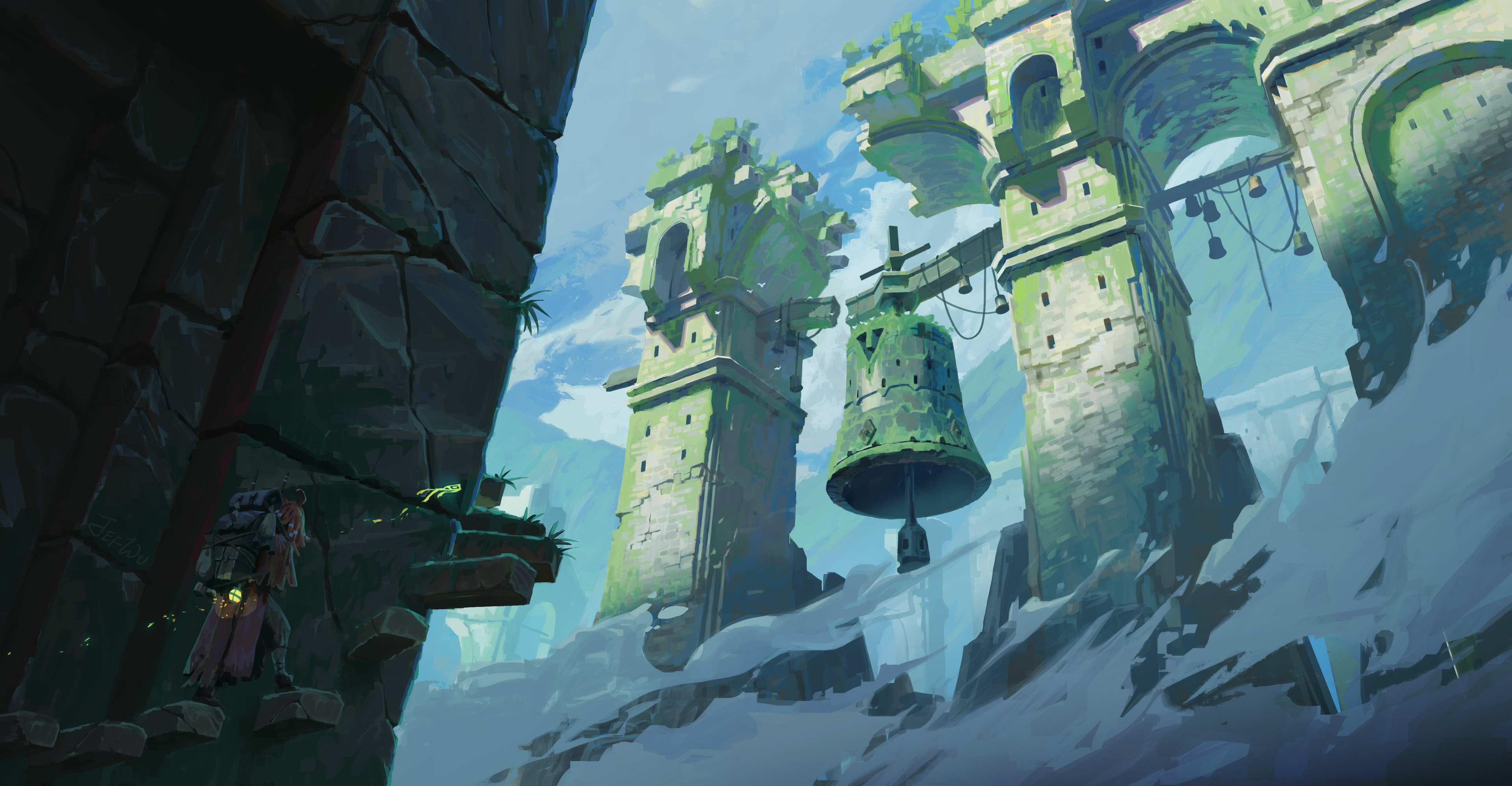 Bell Clouds Ruins Backpacks Lantern Staircase Fantasy Art Digital Art Low Angle 3840x1997