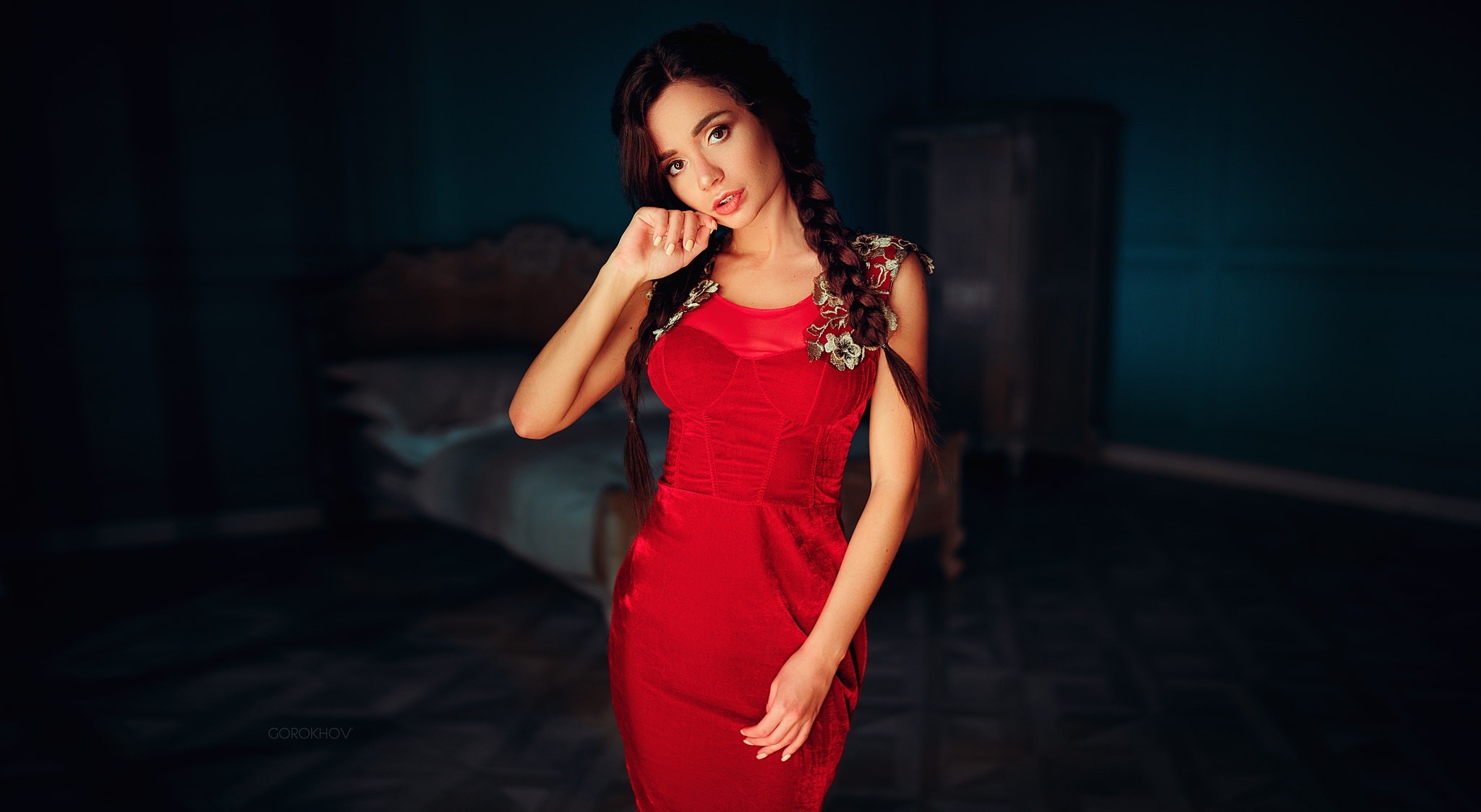 Women Pigtails Red Dress Ivan Gorokhov Portrait Ekaterina Zueva Braids 2048x1123