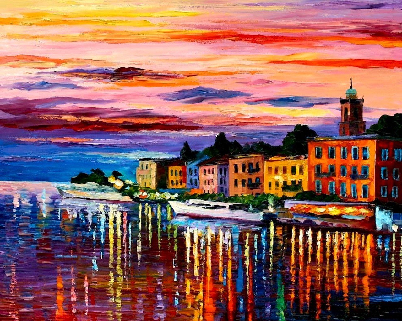 Colorful Painting Artwork Building Water Reflection House Boat Church Leonid Afremov Lake Como Bella 1280x1024