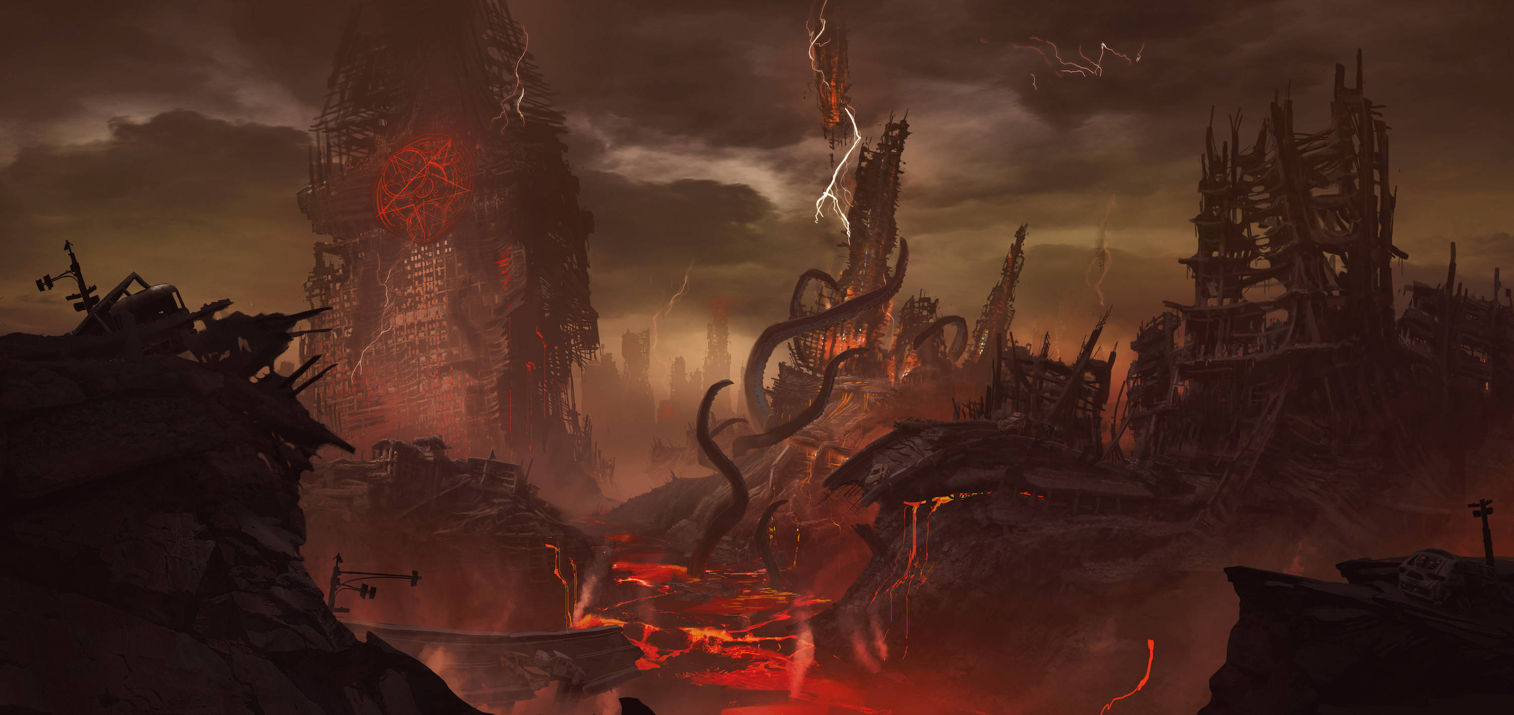 Video Games Doom Game DOOM Eternal Apocalyptic Demon Concept Art Inverted Pentagram 3000x1418