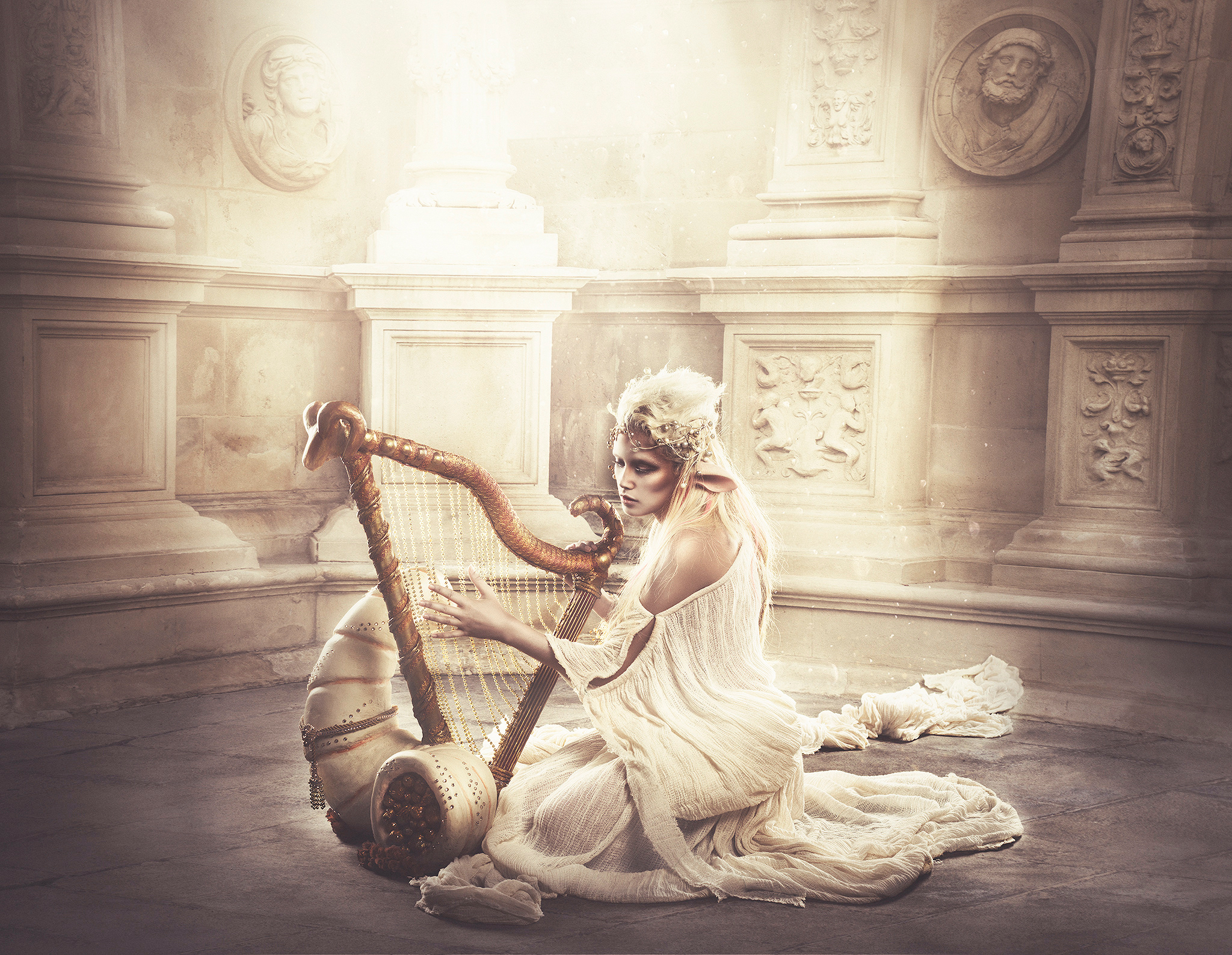 Woman Elf Harp Fantasy Blonde Sunny Music 2048x1588