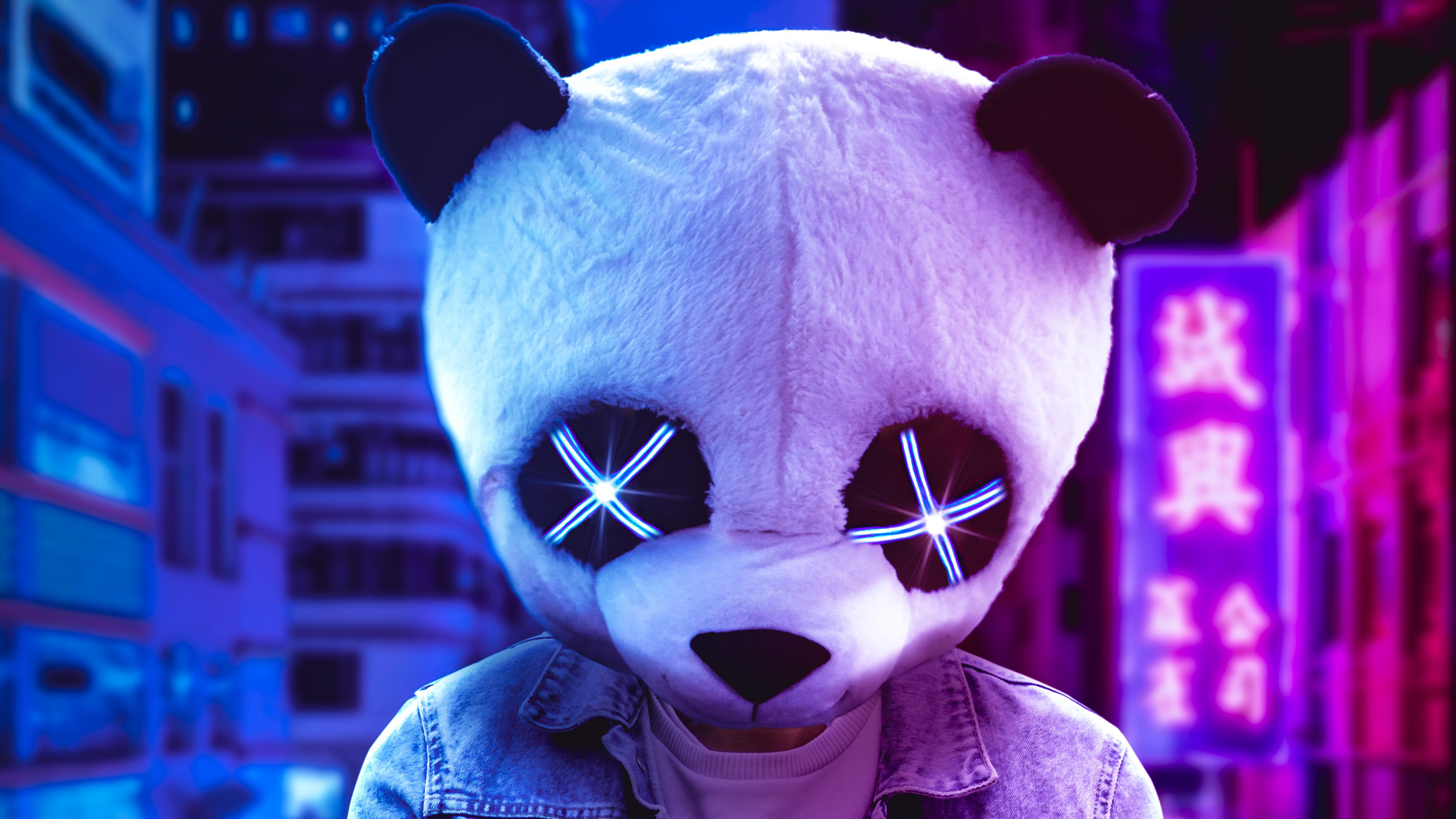 Digital Digital Art Artwork Illustration Mask Panda Panda Mask Blue Pink Neon Neon Lights City Archi 3240x1822