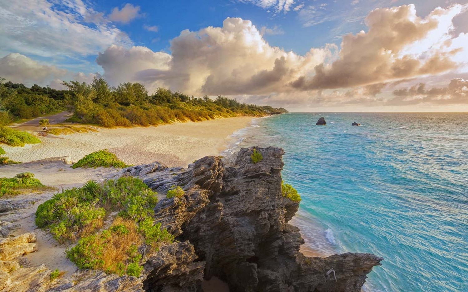 Nature Landscape Beach Bermuda Island Sea Sand Clouds Shrubs Road Rock Water 1500x938