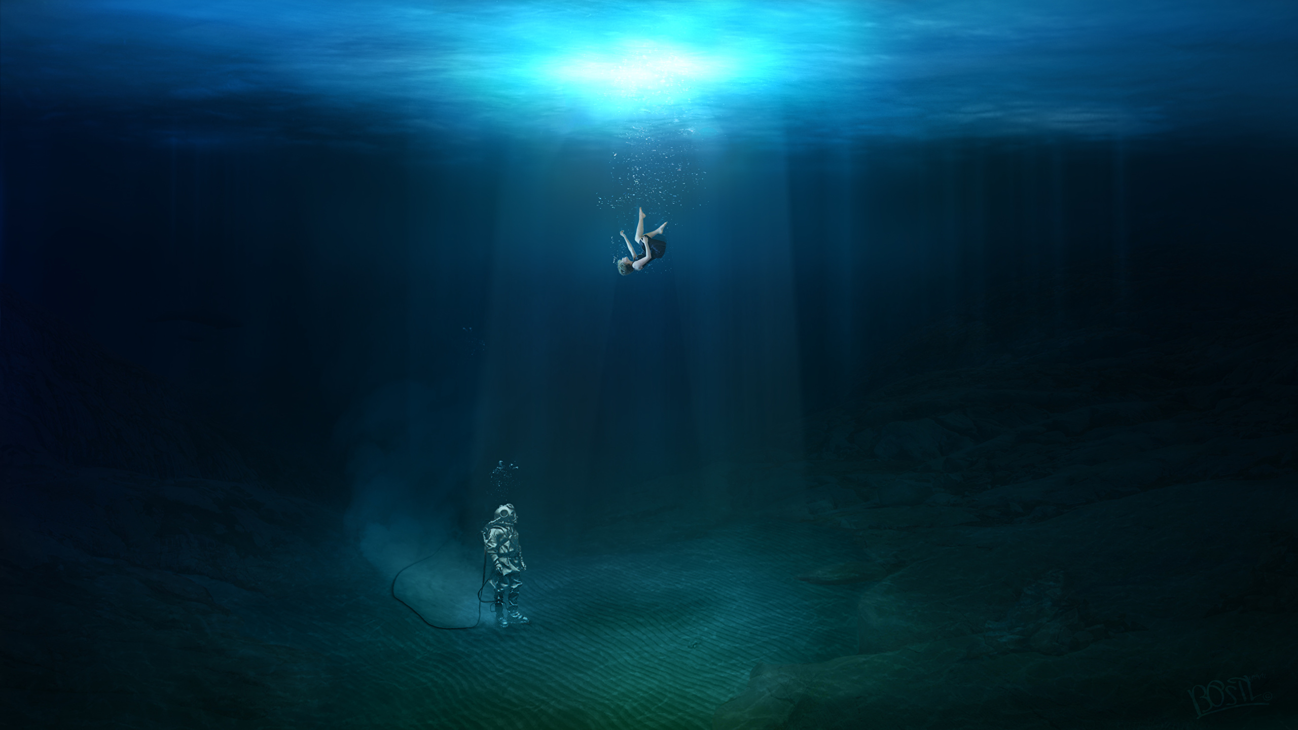 Water Underwater Digital Art Divers Women Drowning Sun Rays Bubbles 2560x1440