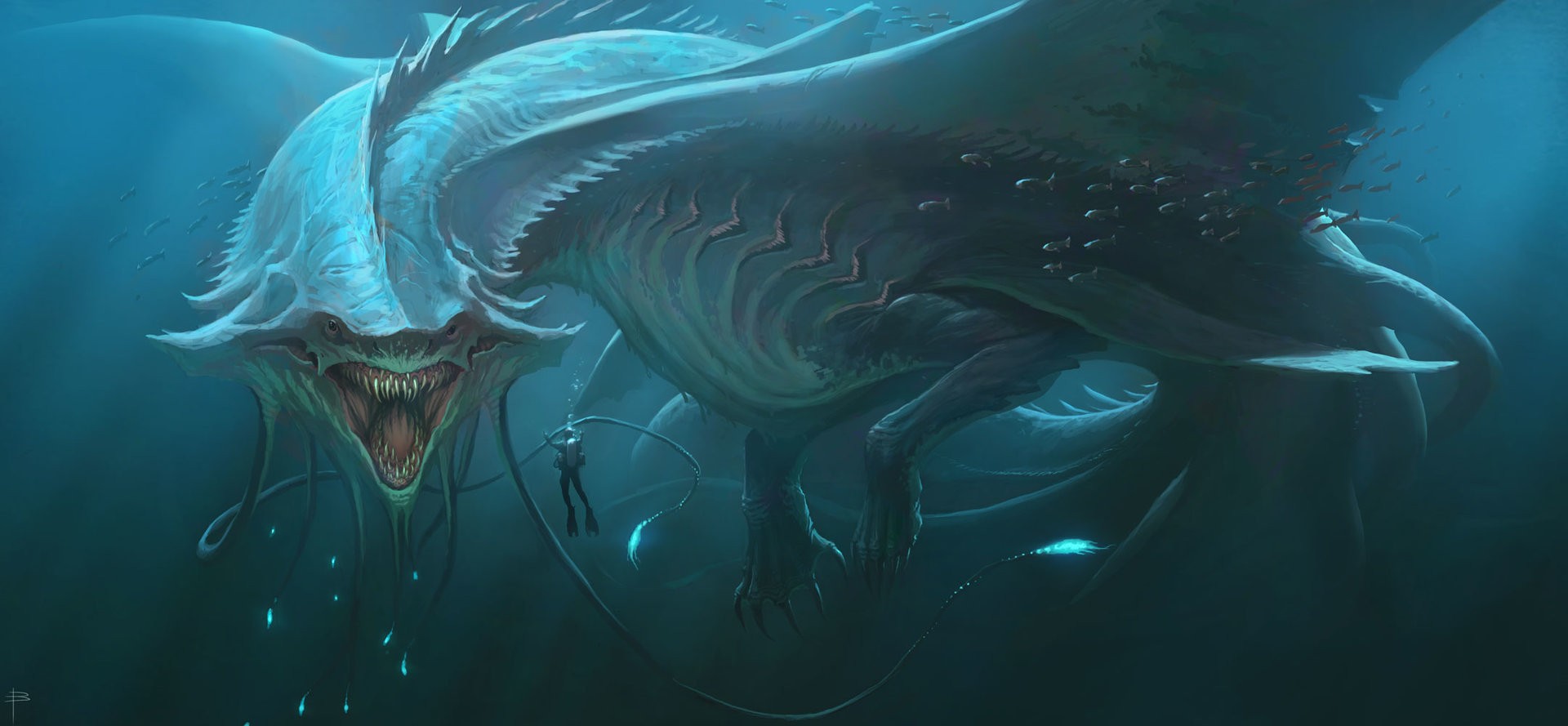 Digital Art Fantasy Art Creature Sea Monsters Underwater Sea Men Divers Fangs Bubbles Tail Fish Turq 1920x889
