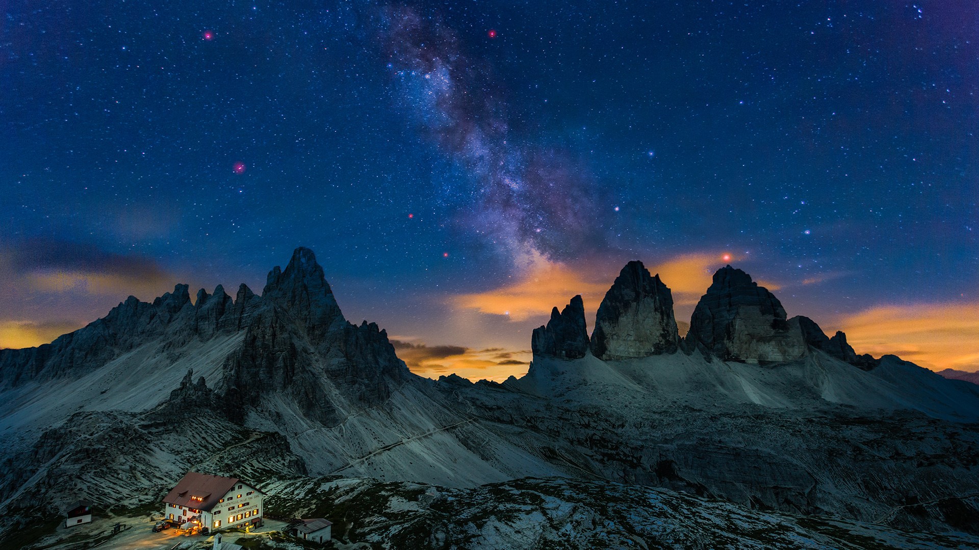 Milky Way Stars Italy Mountains Snow House Dolomite Alps 1920x1080