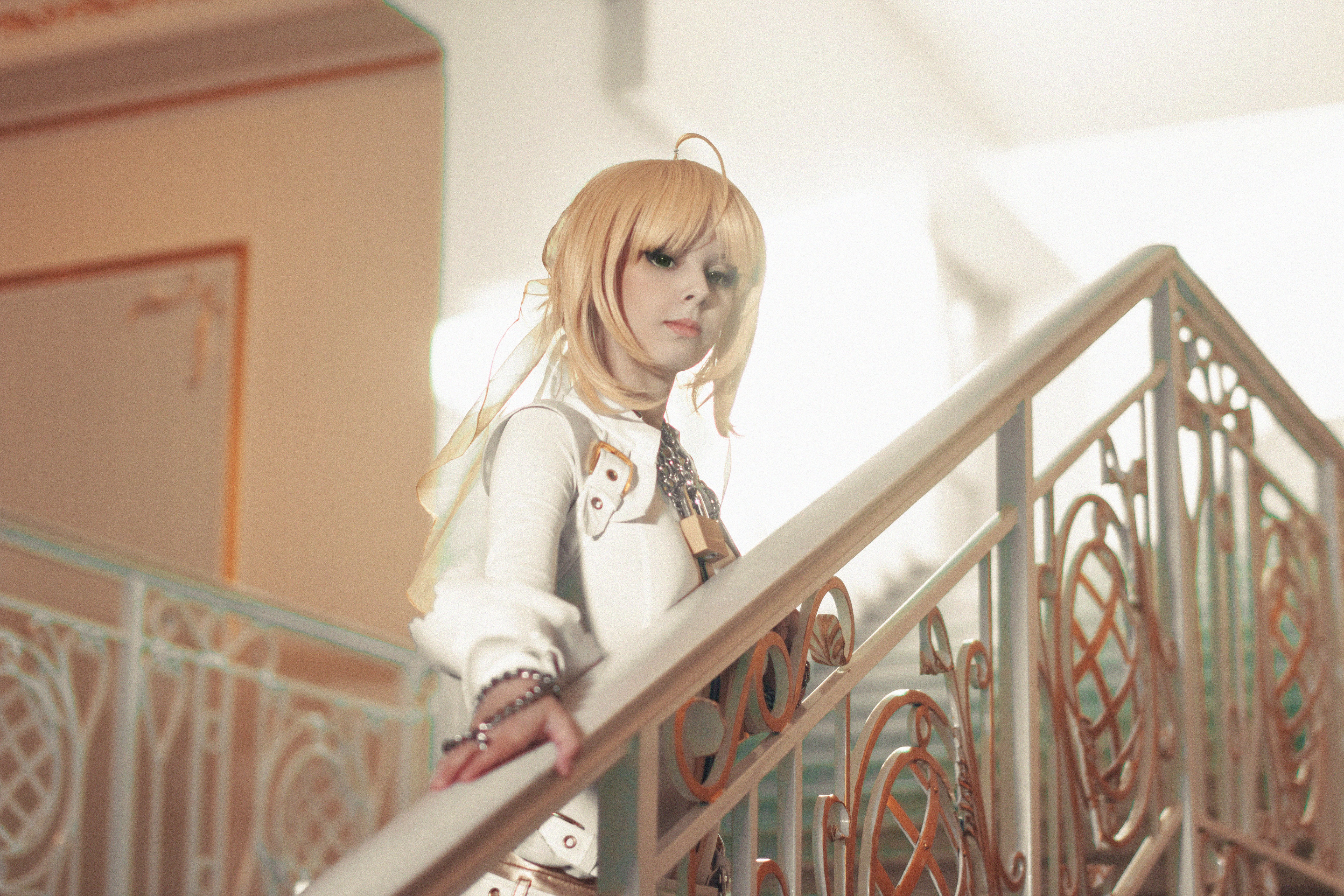 Suits Long Hair Blonde Blue Eyes Leather Boots Leather Clothing Stairs Saber Bride Helly Von Valenti 5184x3456