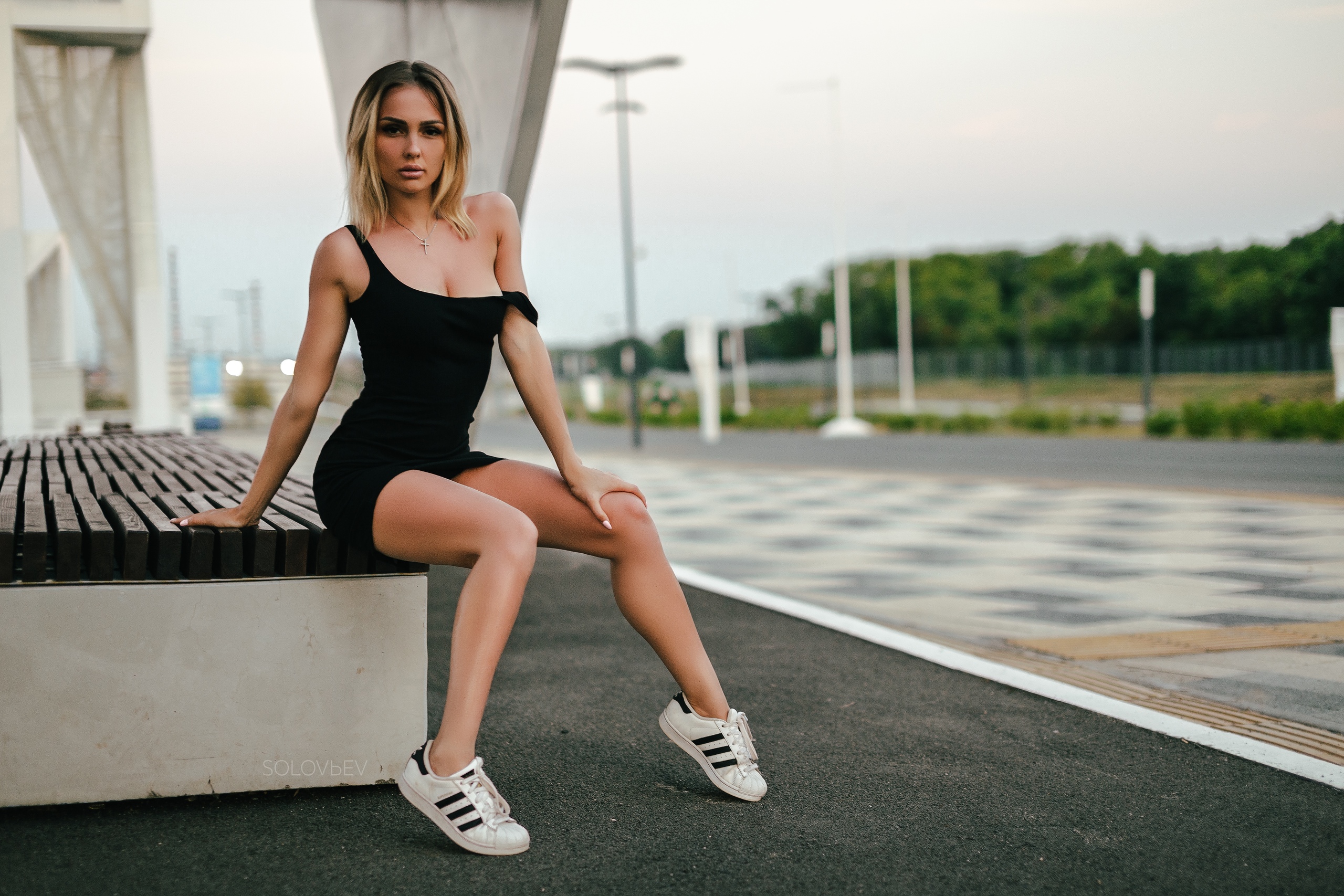 Olga Belaya Women Model Blonde Looking At Viewer Bare Shoulders Dress Black Dress Sitting Sneakers D 2560x1707