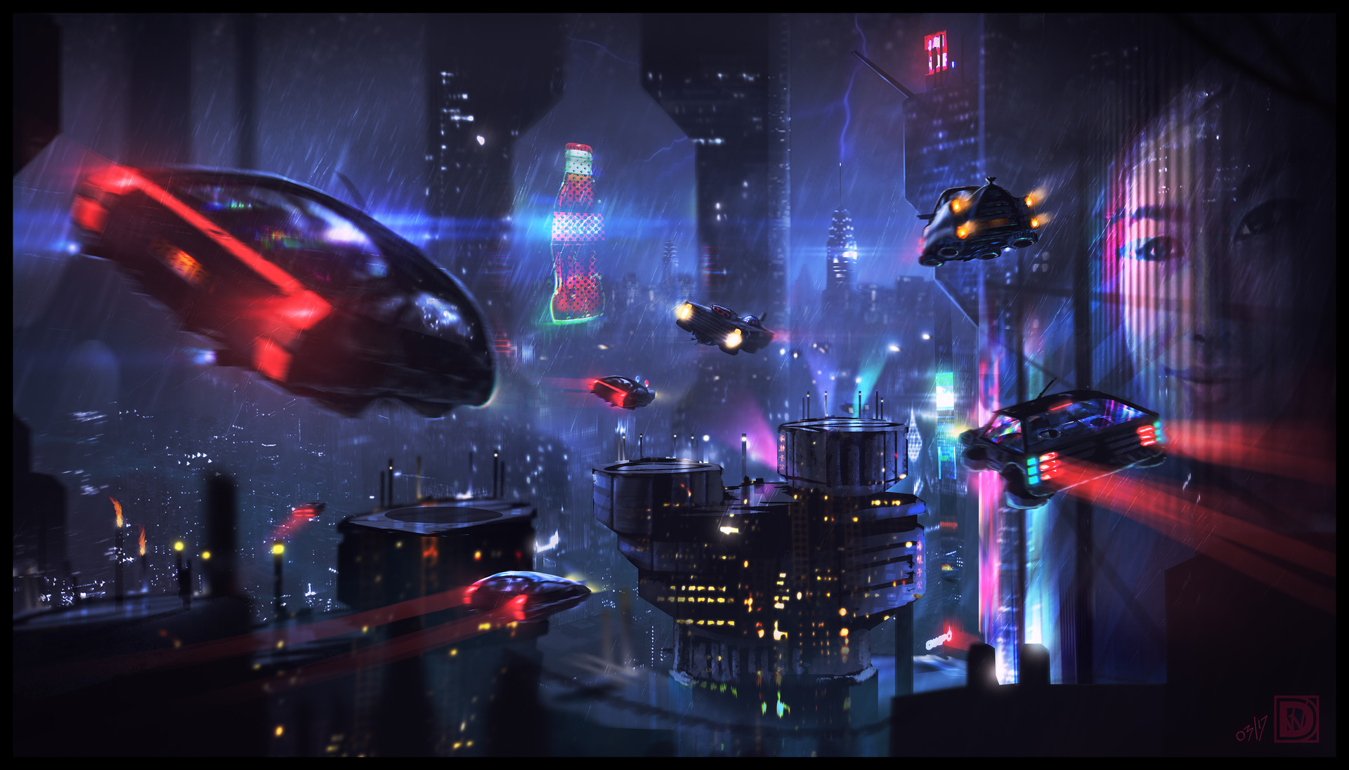 Cyberpunk Science Fiction Flying Car Night City Rain Cityscape Neon Glow Futuristic Red Face 1920x1097