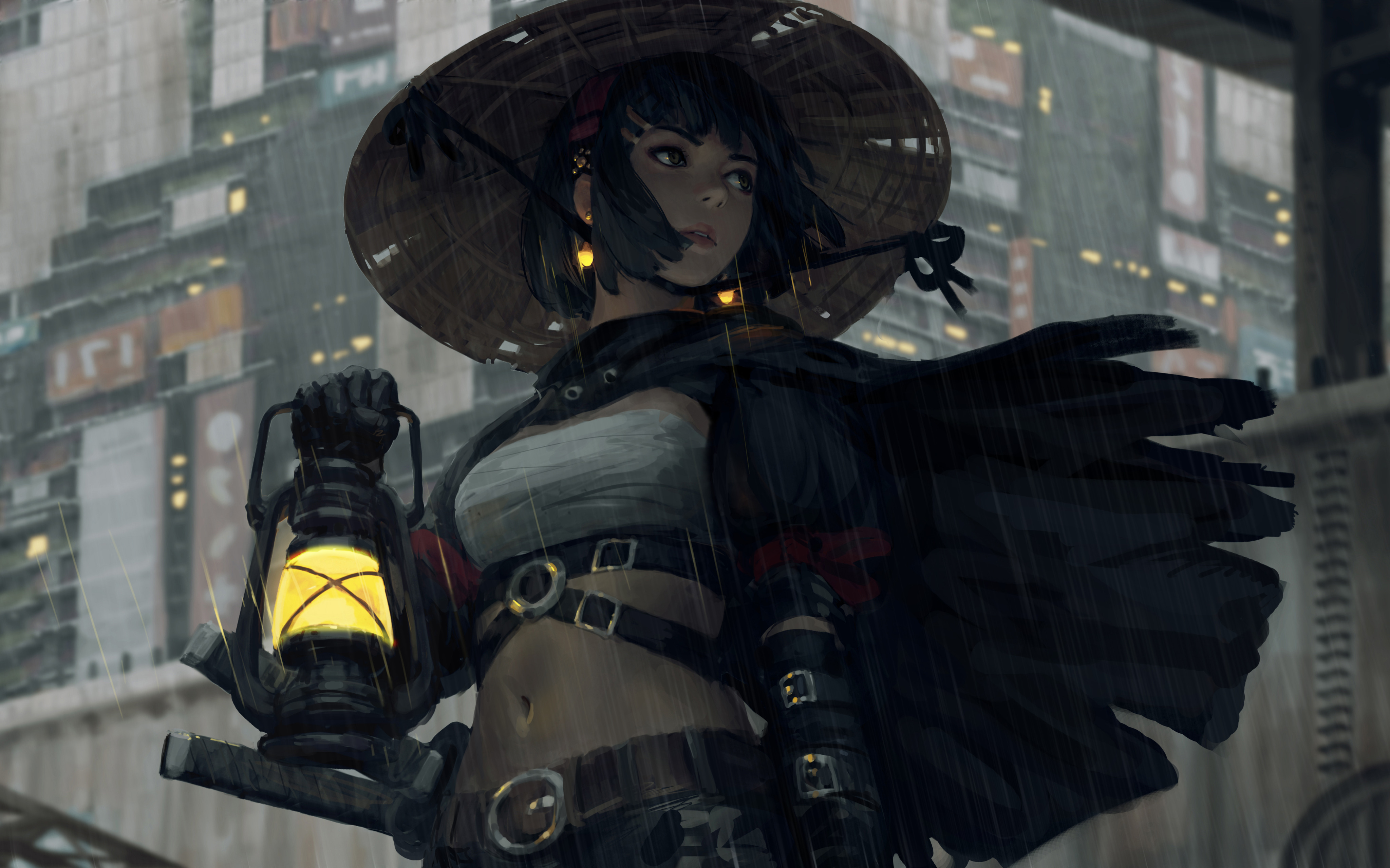 Women Fantasy Girl Warrior Girls Women With Hats Black Hair Bangs Samurai Earring Looking Away Cape  4096x2559