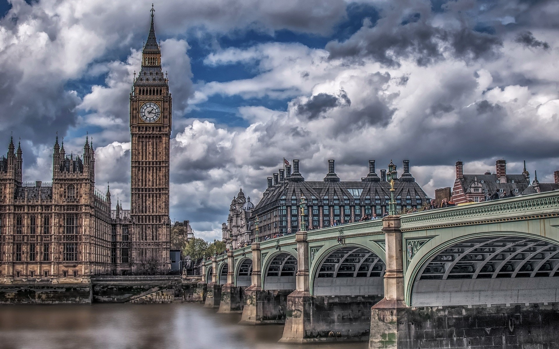 London UK City Bridge River Thames Big Ben Clouds HDR 1920x1200