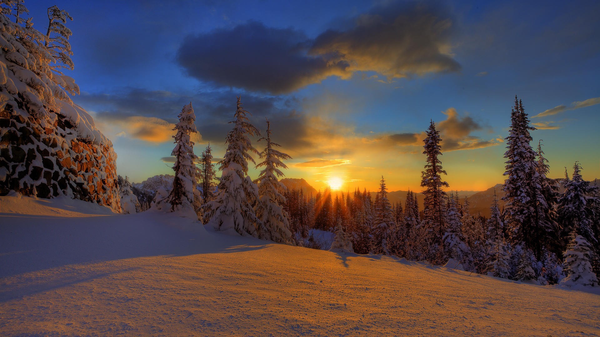 Trees Winter Snow Sunlight Clouds Evening Polar Night Finland Nature 1920x1080