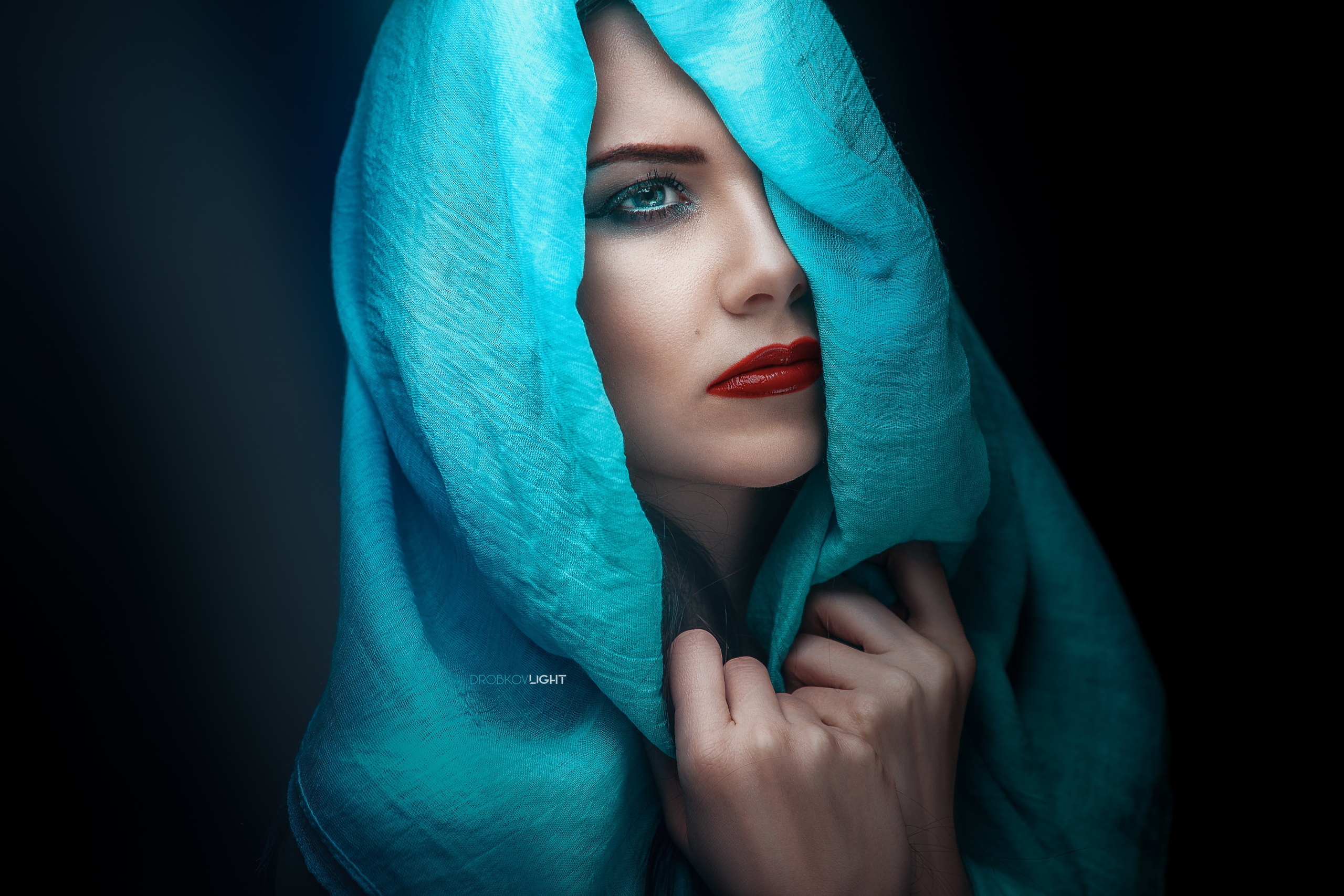 Alexander Drobkov Women Model Portrait Makeup Red Lipstick Cyan 2560x1707