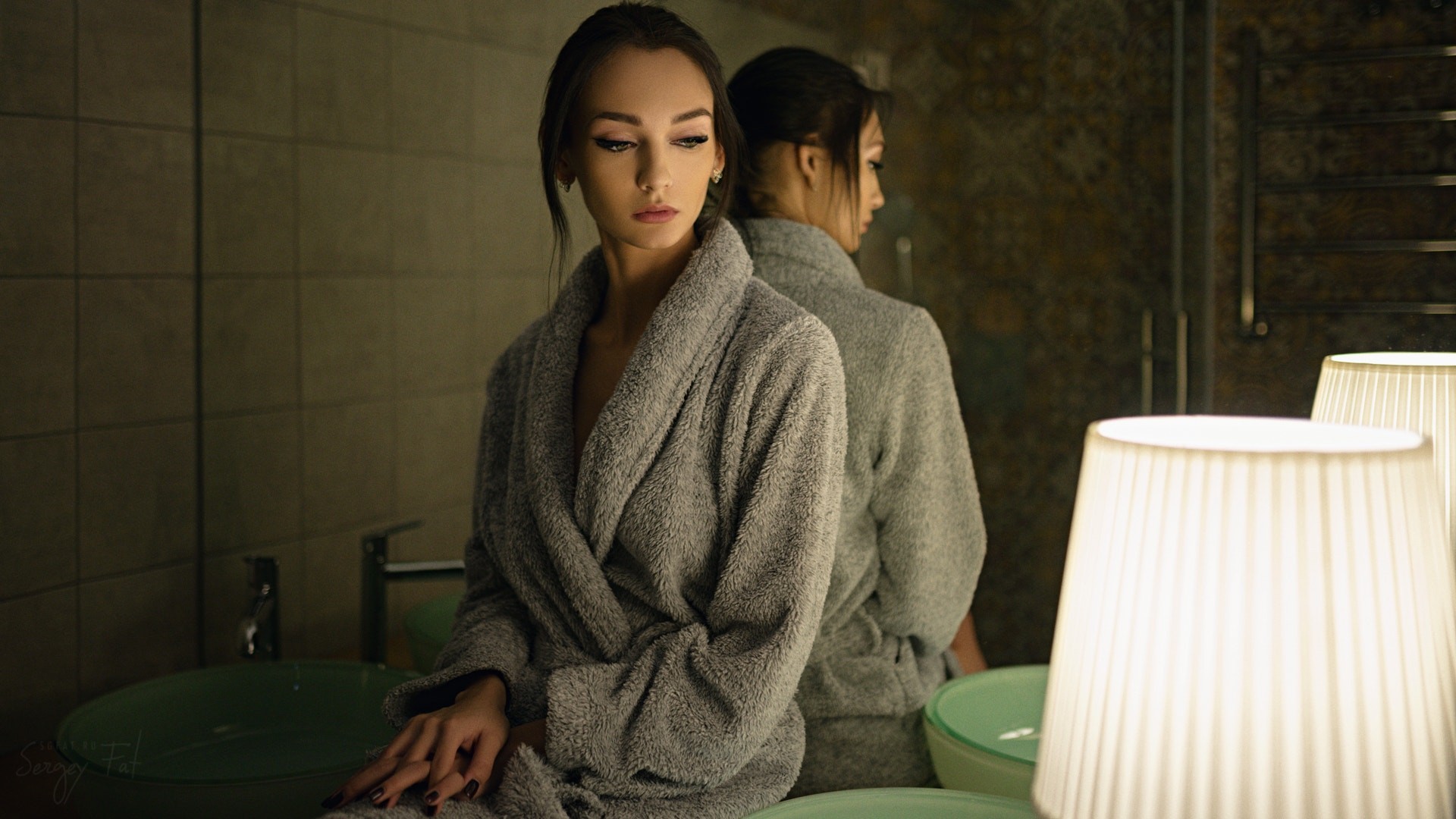 Kseniya Alekseevskaya Women Sergey Fat Portrait Mirror Reflection Black Nails Lamp Looking Away Bath 1920x1080