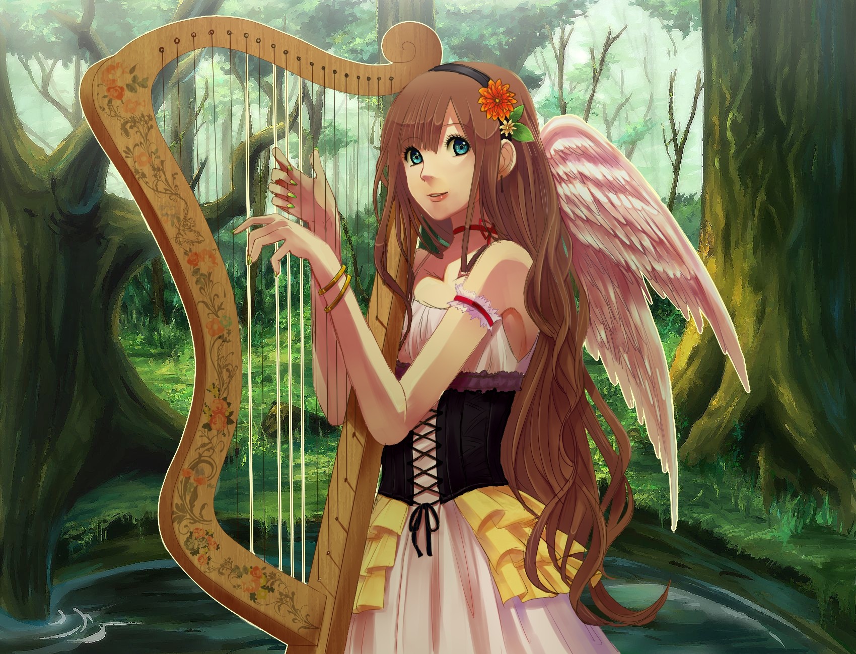 Anime Anime Girls Original Characters Harp Wings Angel 1700x1299