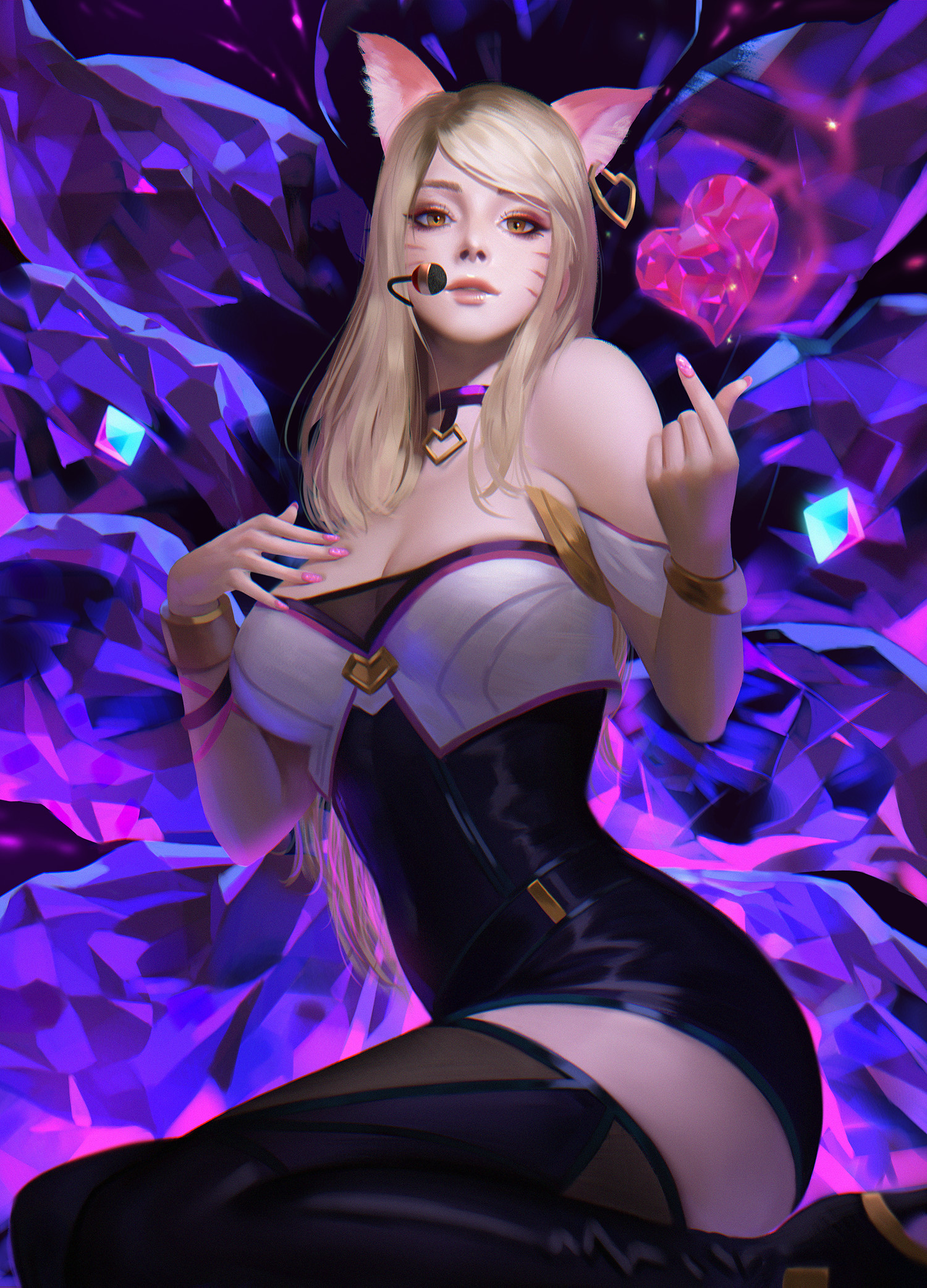 Seungyoon Lee League Of Legends Ahri Nine Tails Fox Girl Fox Ears Microphone Heart Purple Dress Draw 1500x2084