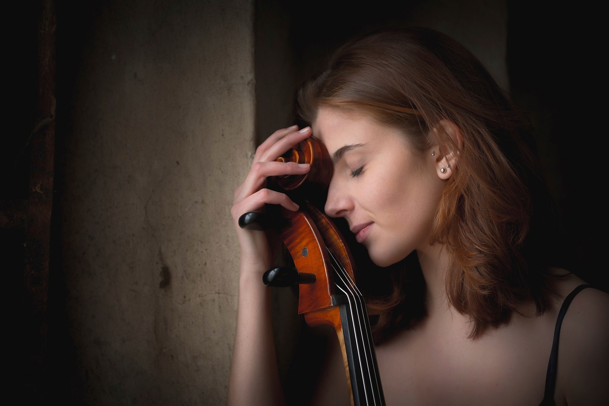 Women Model Brunette Long Hair Violin Closed Eyes Face Piercing Wall Tank Top Cello 2048x1367