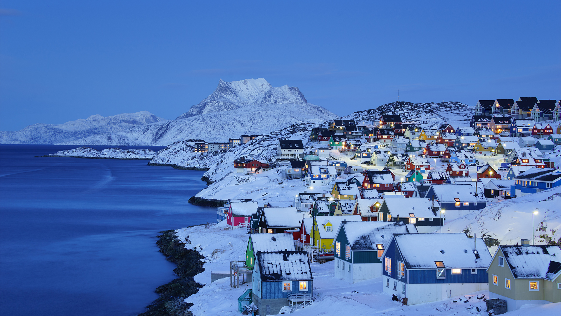 Landscape Nature House Village Coast Snow Snowy Mountain Sea Clouds Greenland Evening 1920x1080