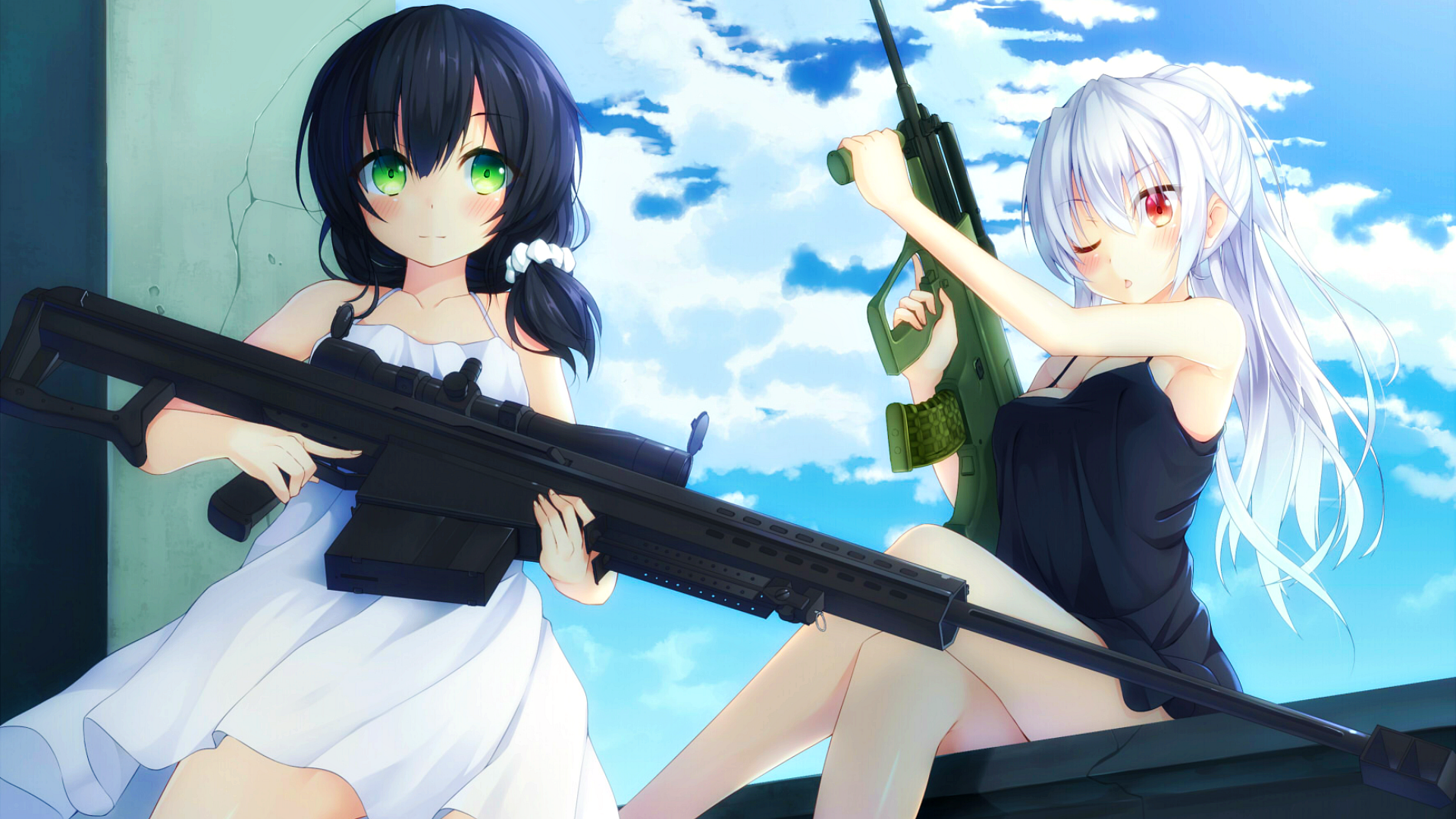 Steyr AUG Barrett M82 Gun Green Eyes Black Hair White Hair Legs Legs Crossed 1920x1080