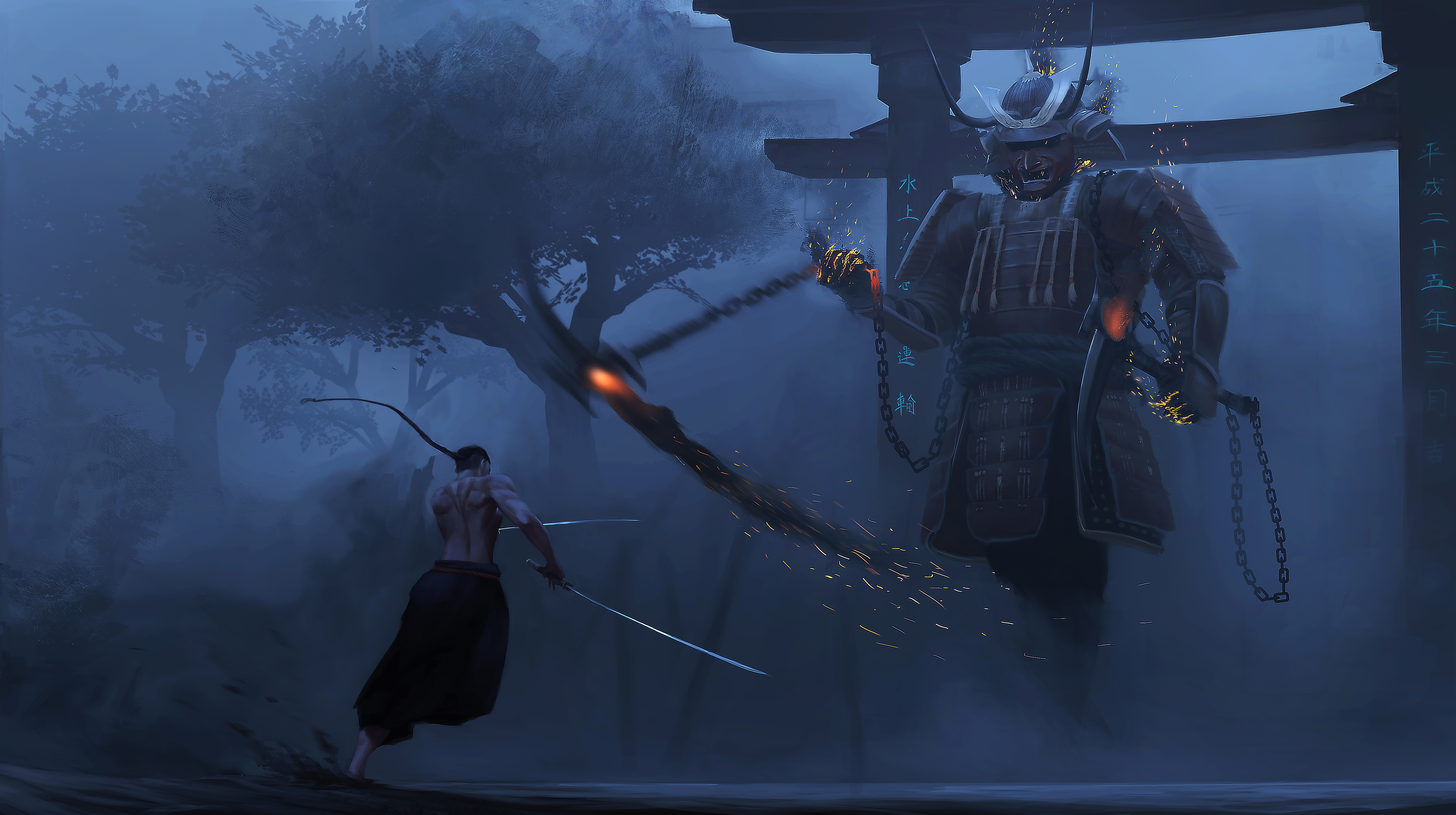 Samurai Armor Katana Men Warrior Environment Clash Artwork Digital Art Painting Digital Painting Ill 6000x3360