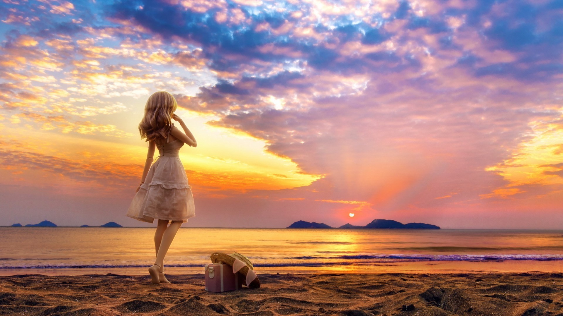 Blonde Long Hair Nature Water Doll Miniatures White Dress Sea Sand Beach Sunset Clouds Hat Suitcase  1920x1080