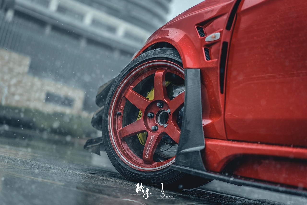 Car Mitsubishi Lancer Evo X Tuning Rain Water Drops JDM VOLK RACiNG Brembo Red Colored Wheels 1280x855
