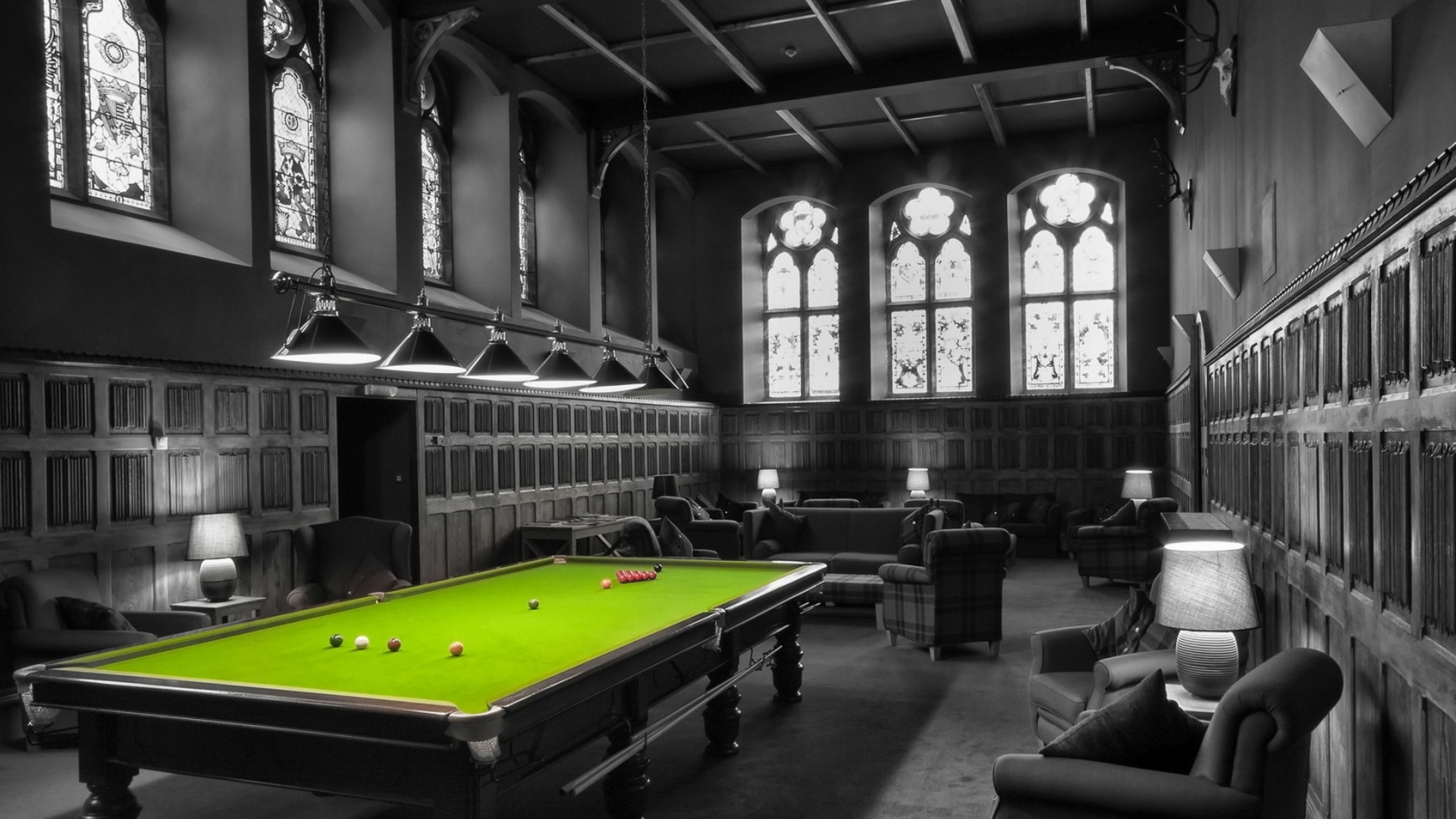 Pool Table Room Window Interior Selective Coloring Green Snooker 1920x1080