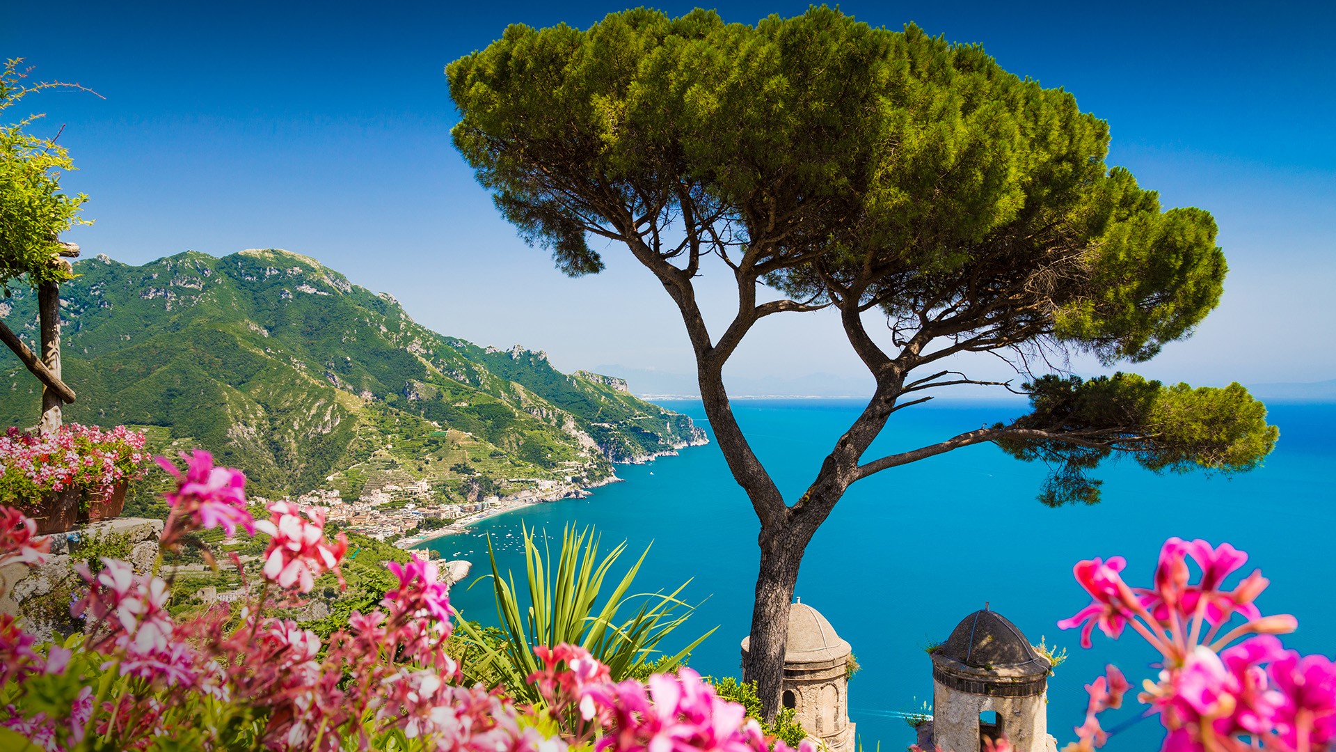 Nature Landscape Water Mountains Trees Flowers Pink Flowers Coast Campania Italy Clear Sky 1920x1080
