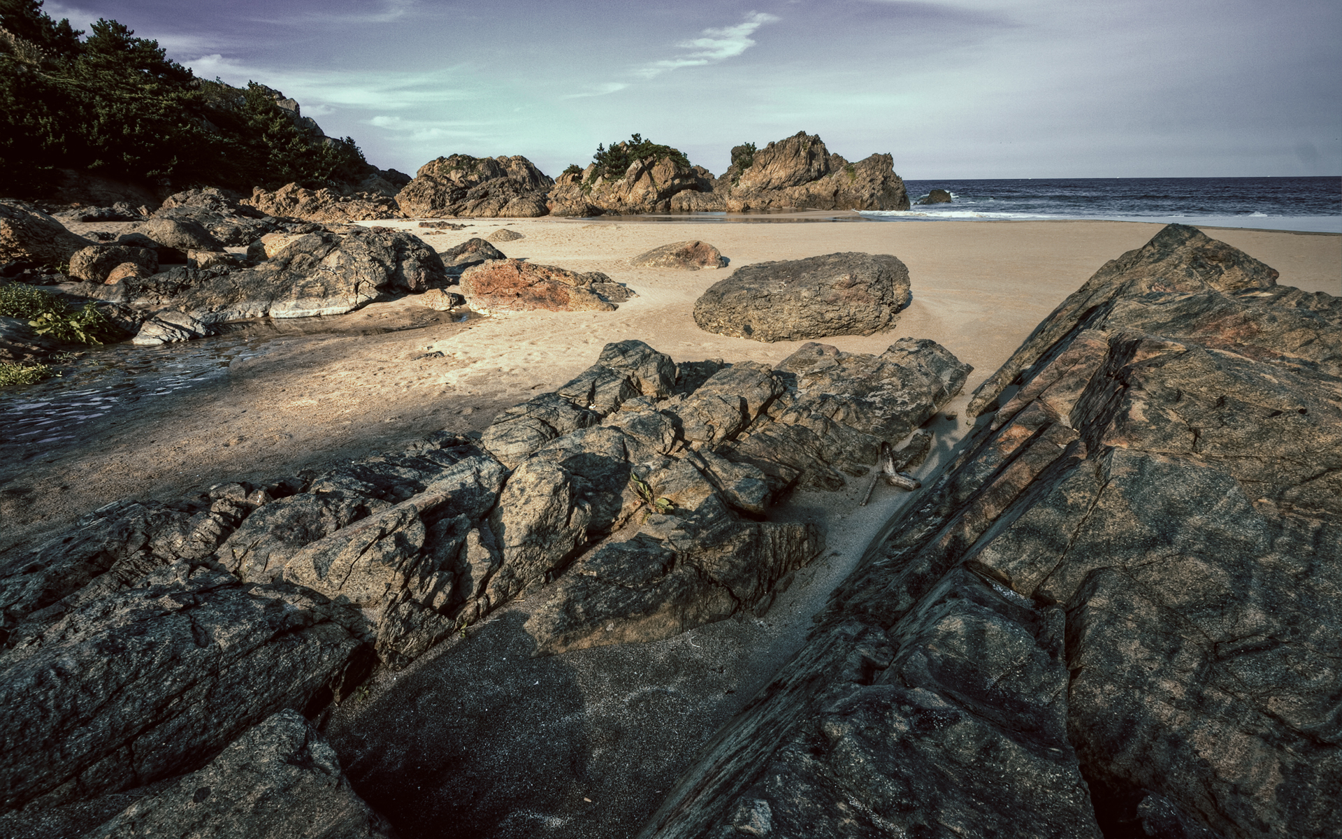 Limestone Rocks Sea Beach Sand Waves Sky 1920x1200