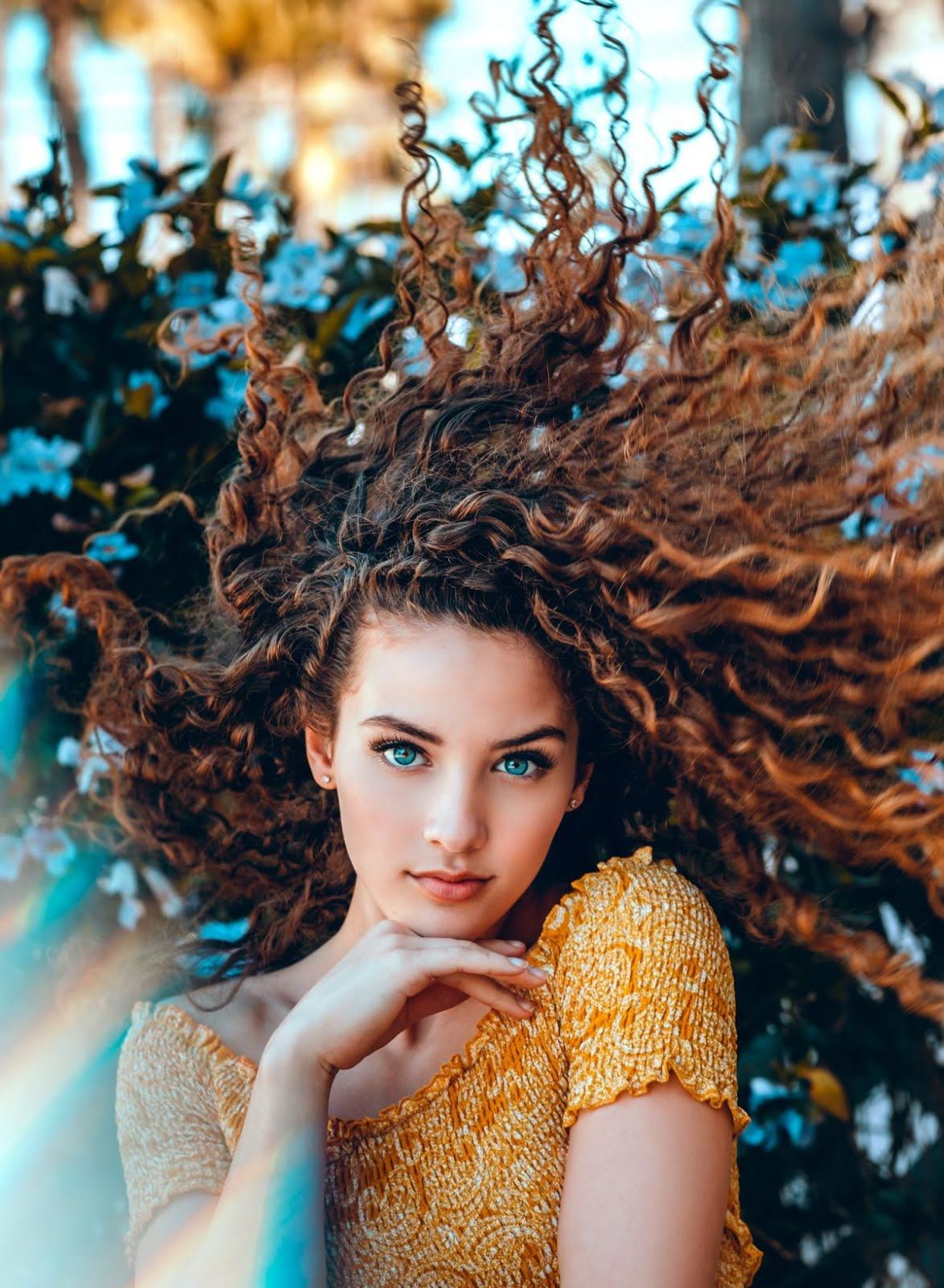Women Model Redhead Long Hair Sofie Dossi Curly Hair Face Portrait Display Blue Eyes Yellow Tops Dep 1173x1600