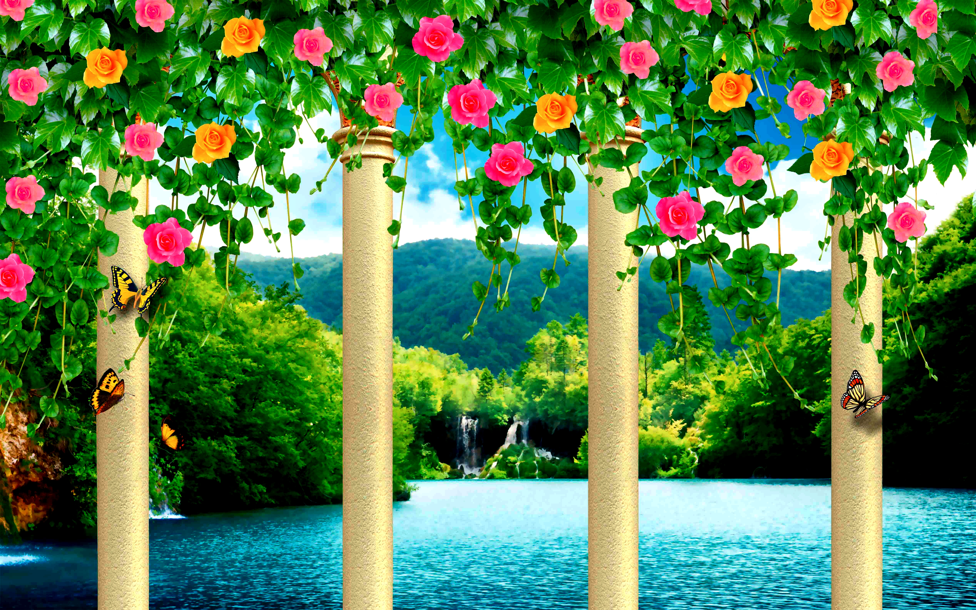 Artistic Spring Columns Flower Rose Colorful Waterfall Lake Forest Nature 3200x2000
