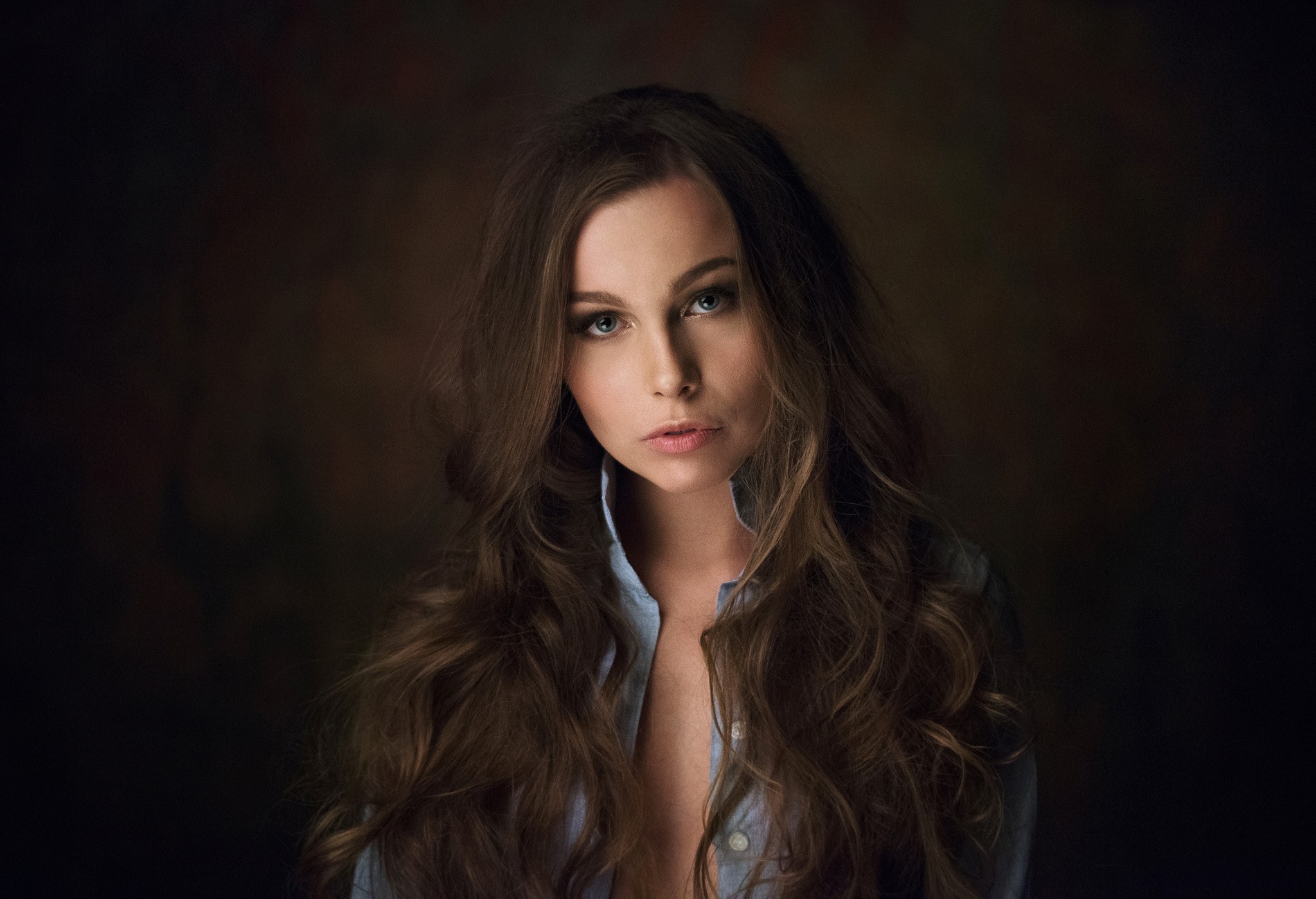 Natasha Grishchenko Face Portrait Simple Background Maxim Maximov Women Model Long Hair 2048x1399