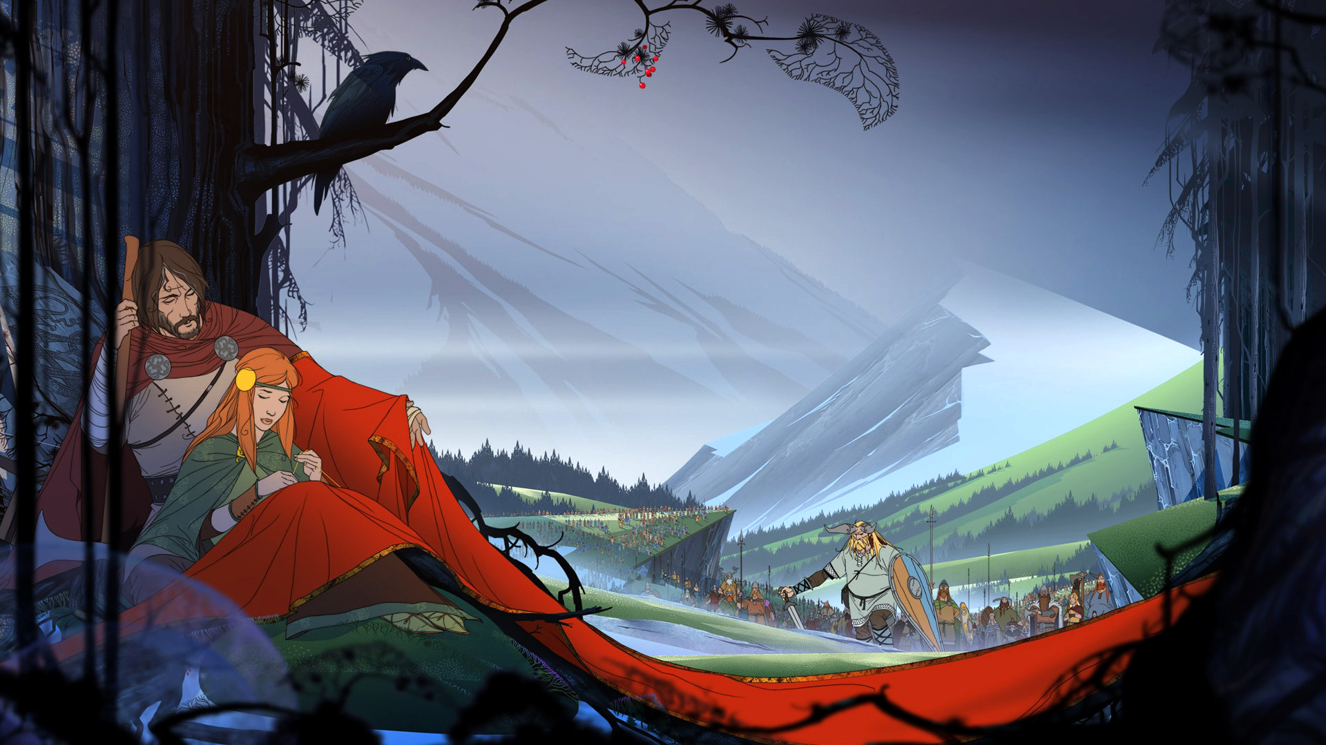 The Banner Saga Stoic Vikings Redhead Father Mountains Trees RPG Video Game Art Video Game Character 1920x1080