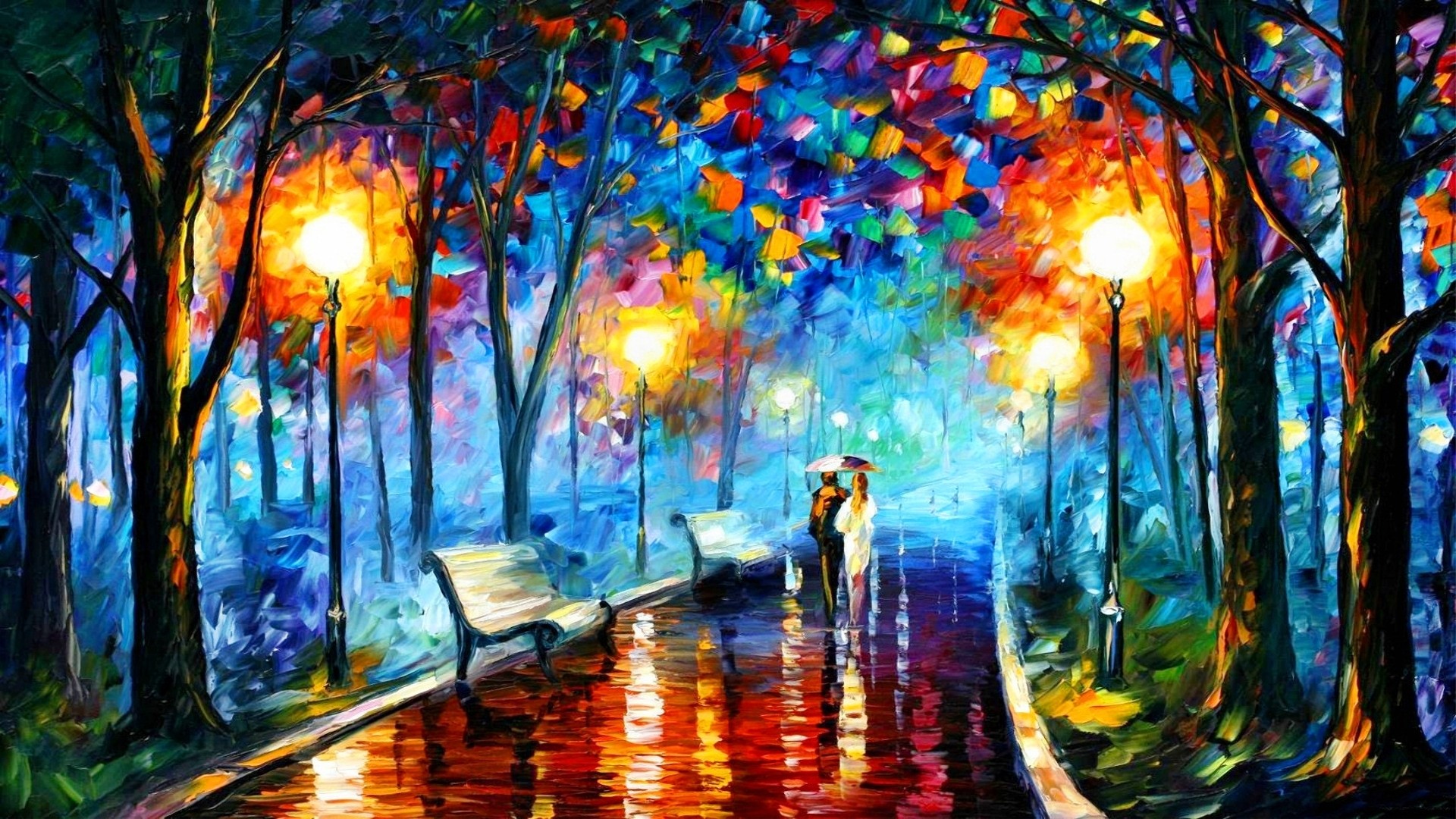 Painting Park Trees Leonid Afremov Street Light Rain Colorful Fall Bench Oil Painting 1920x1080