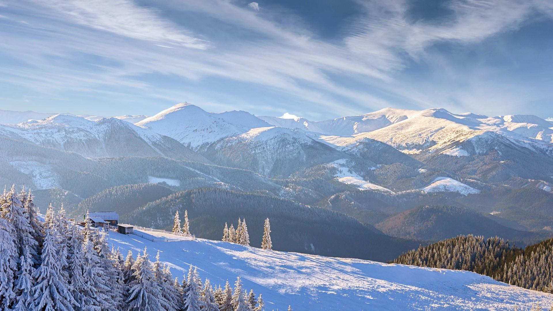 Nature Landscape Mountains Trees Snow Clouds Sky Sunlight Morning House Winter Caucasus Mountains Eu 1920x1080