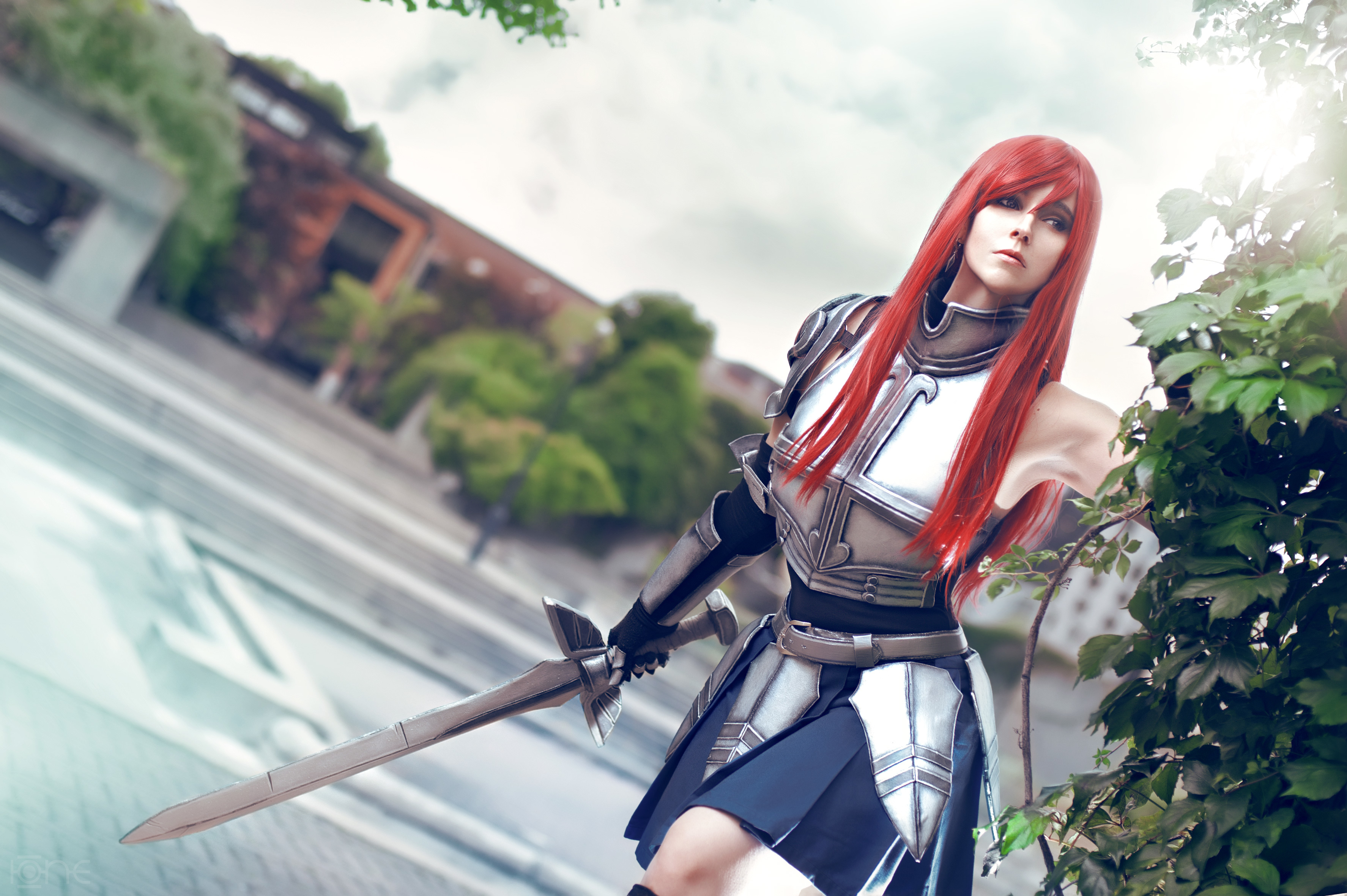 Cosplay Fairy Tail Scarlet Erza Women Redhead Sword Long Hair Costumes Looking Away 3549x2362