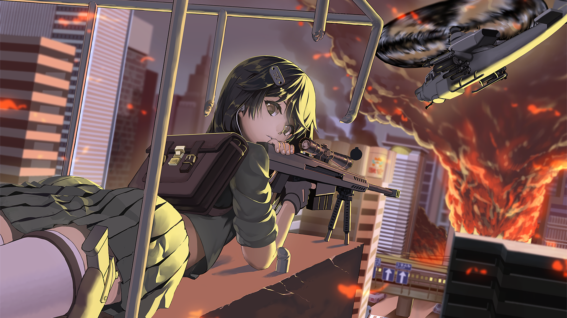 Original Characters Anime Anime Girls Sniper Rifle Girls With Guns Scopes Helicopter Explosion Pisto 1920x1080