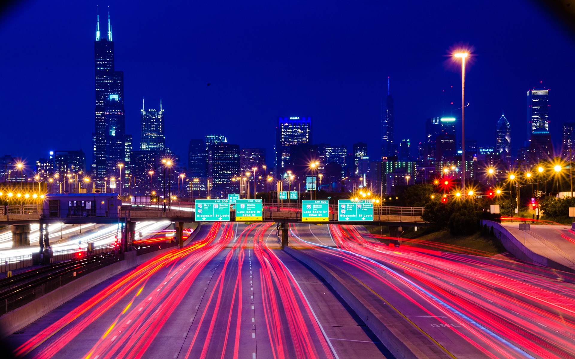 Chicago Highway Road Long Exposure Night Cityscape Vignette Light Trails 1920x1200