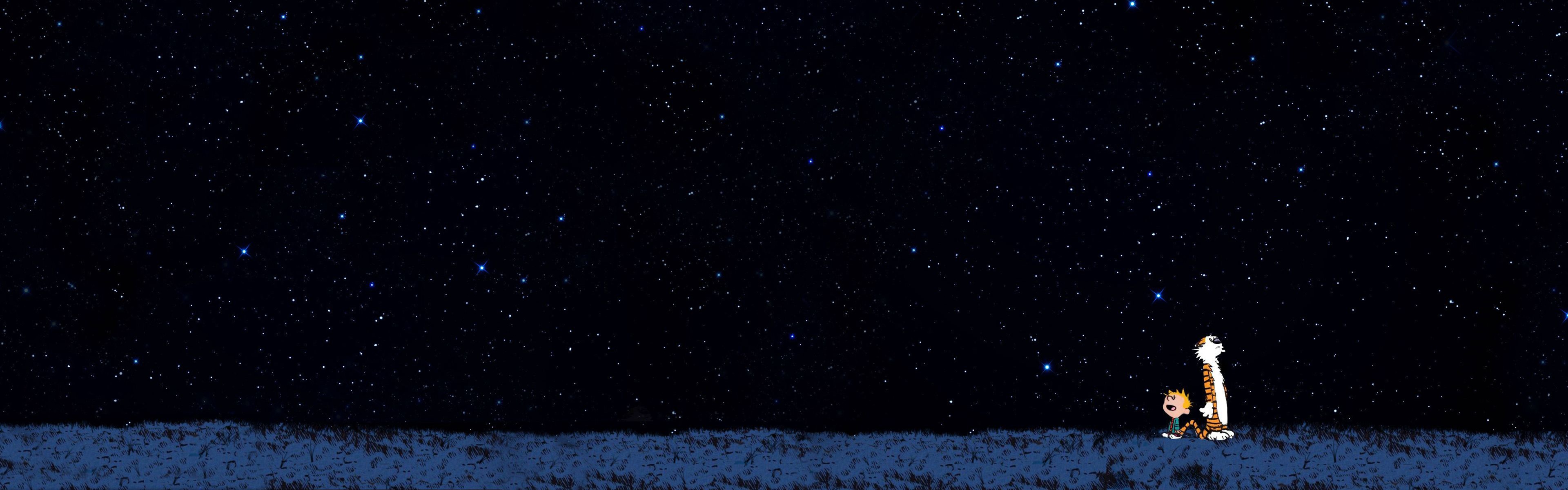 Calvin And Hobbes Stars Starry Night Simple Background Multiple Display Dual Monitors 3840x1200