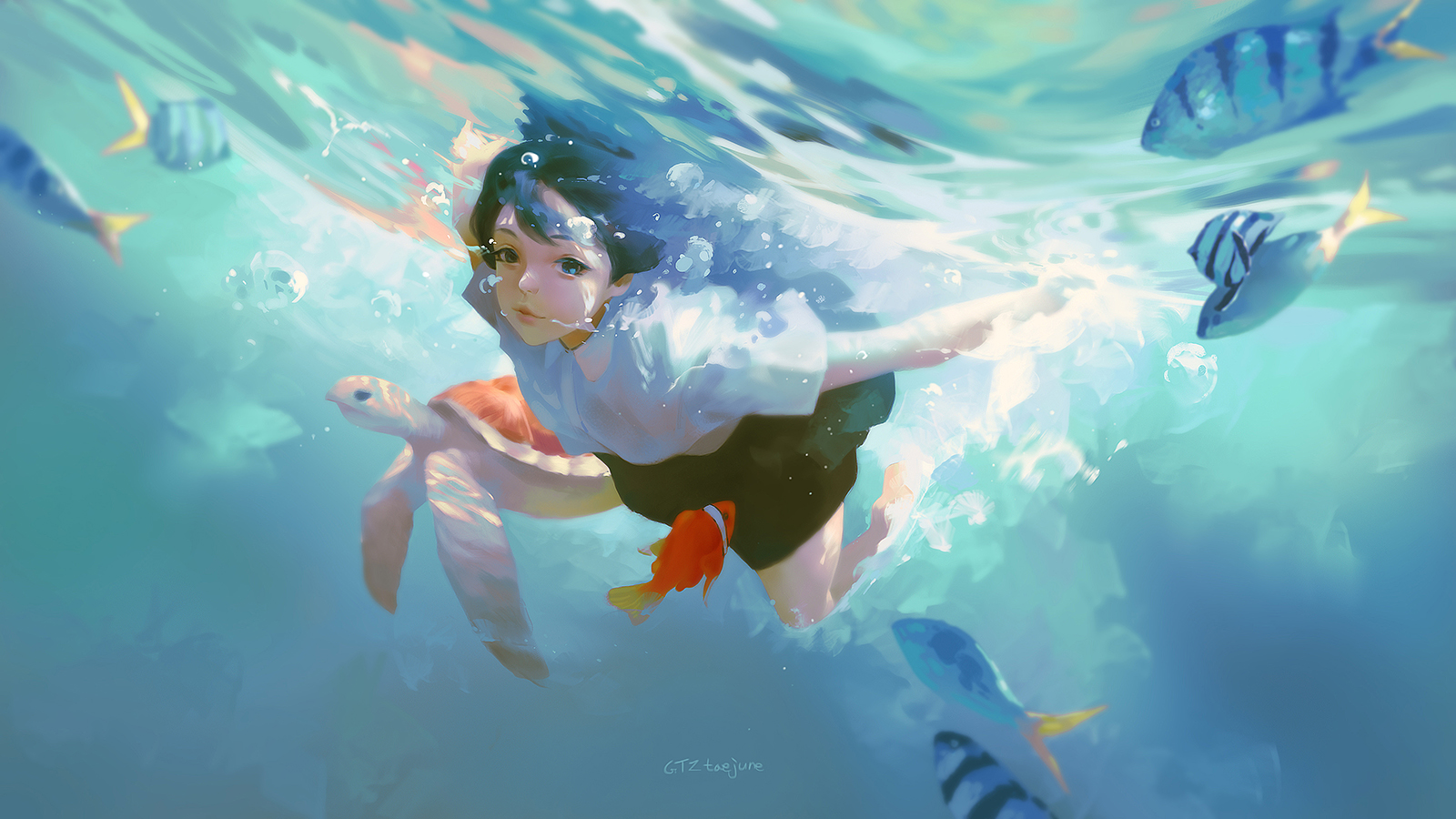 Anime Anime Girls Original Characters Women Brunette Underwater Swimming Sea Water Fish Turtle Bubbl 1600x900
