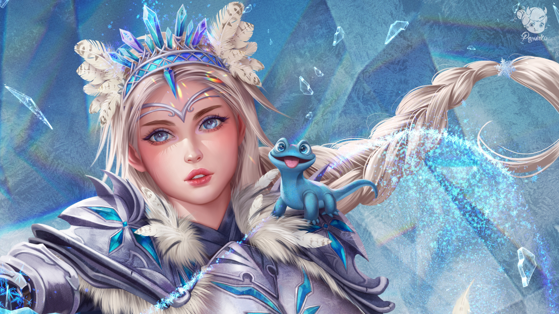 Prywinko Drawing Women Frozen Movie Elsa Braids Snow Flakes Blue Eyes Hair Accessories Crown Armor I 1920x1080