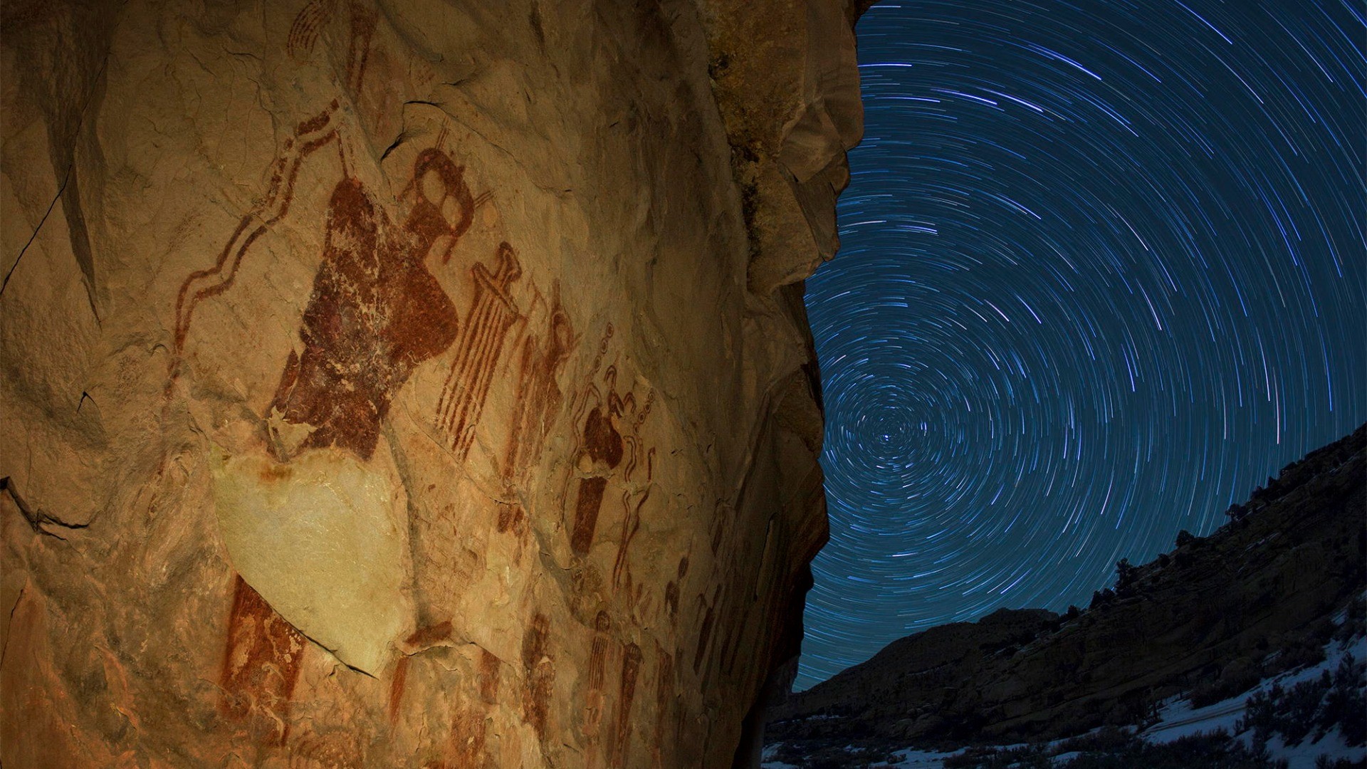 Landscape Stars Long Exposure Clear Sky Utah USA Circle Rock Hills Trees Forest Snow Winter Drawing  1920x1080