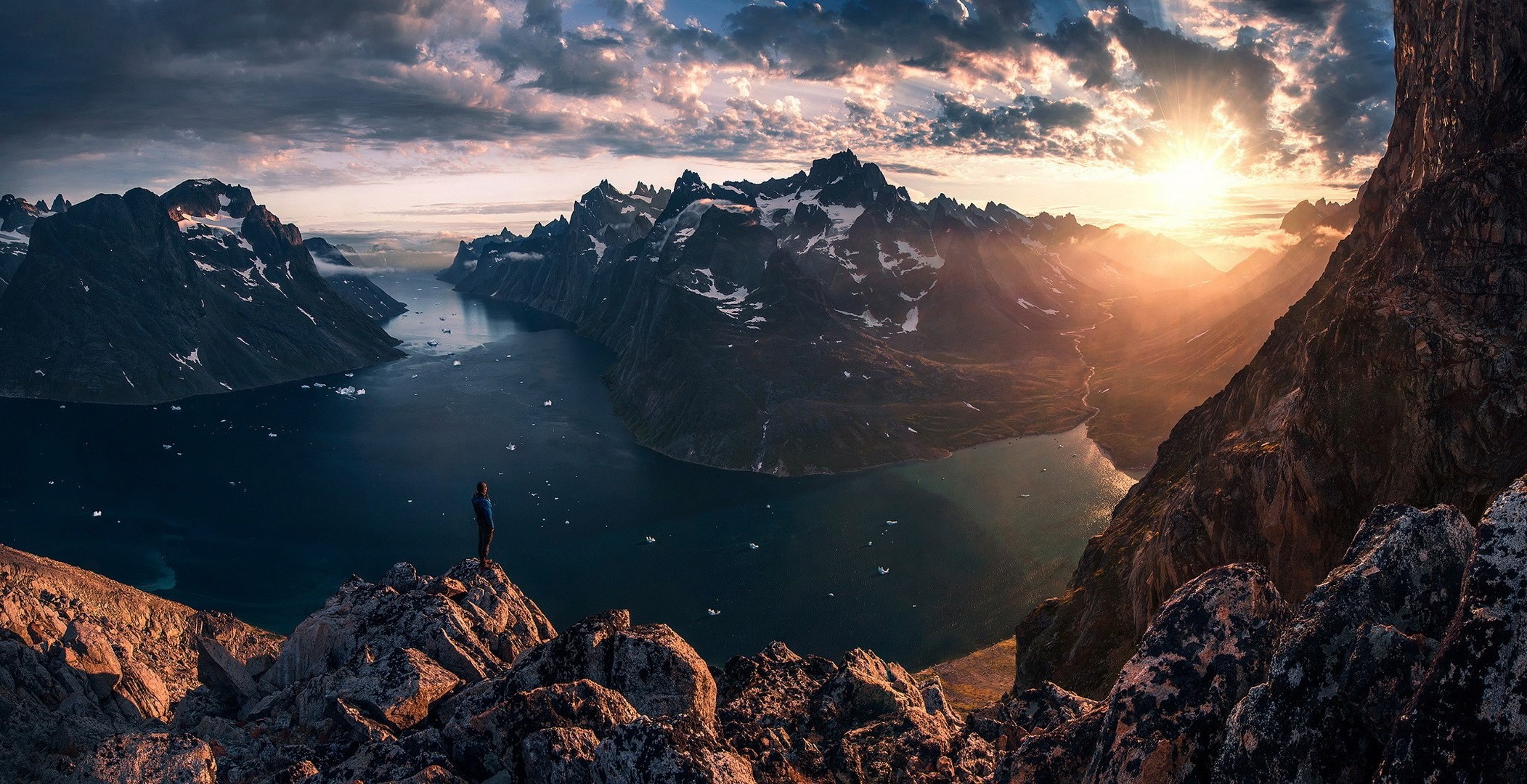 Mountains Clouds Sunset Greenland 2103x1080