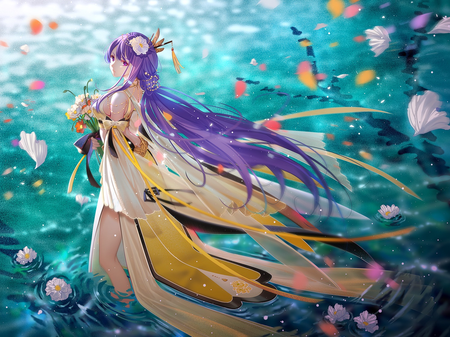 Artwork Digital Art Vocaloid Vocaloid China Mo Qingxian Bow Flowers Headdress Purple Eyes Purple Hai 1500x1125