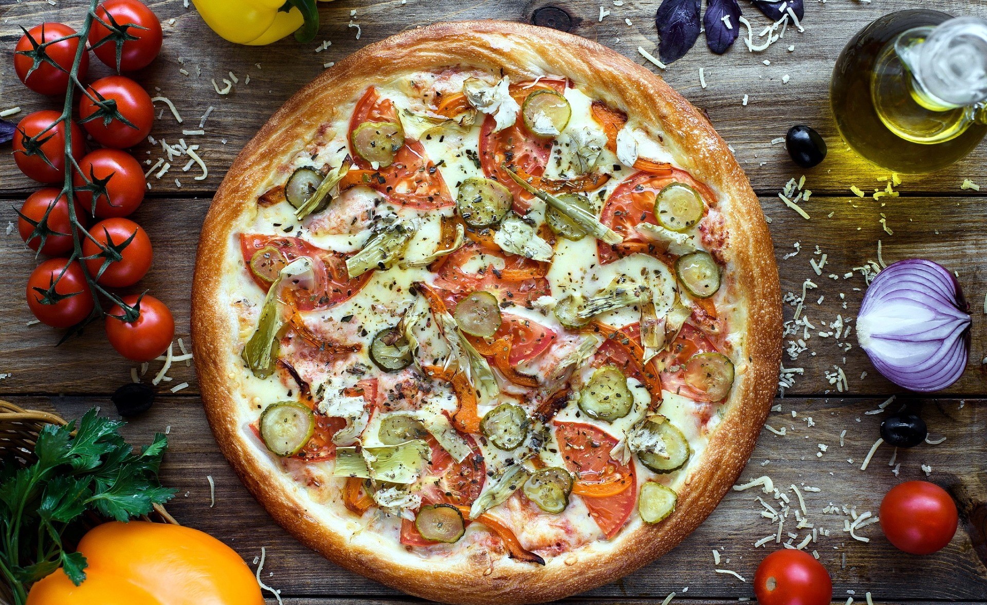 Food Pizza Tomatoes Vegetables Onions 1920x1178