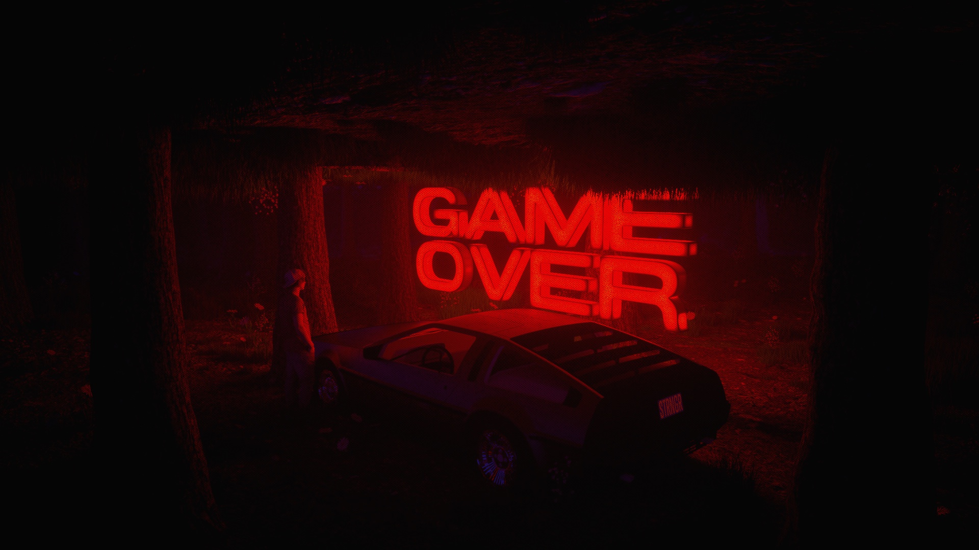 Dark Artwork Car GAME OVER Retrowave DeLorean Vehicle Red 1920x1080