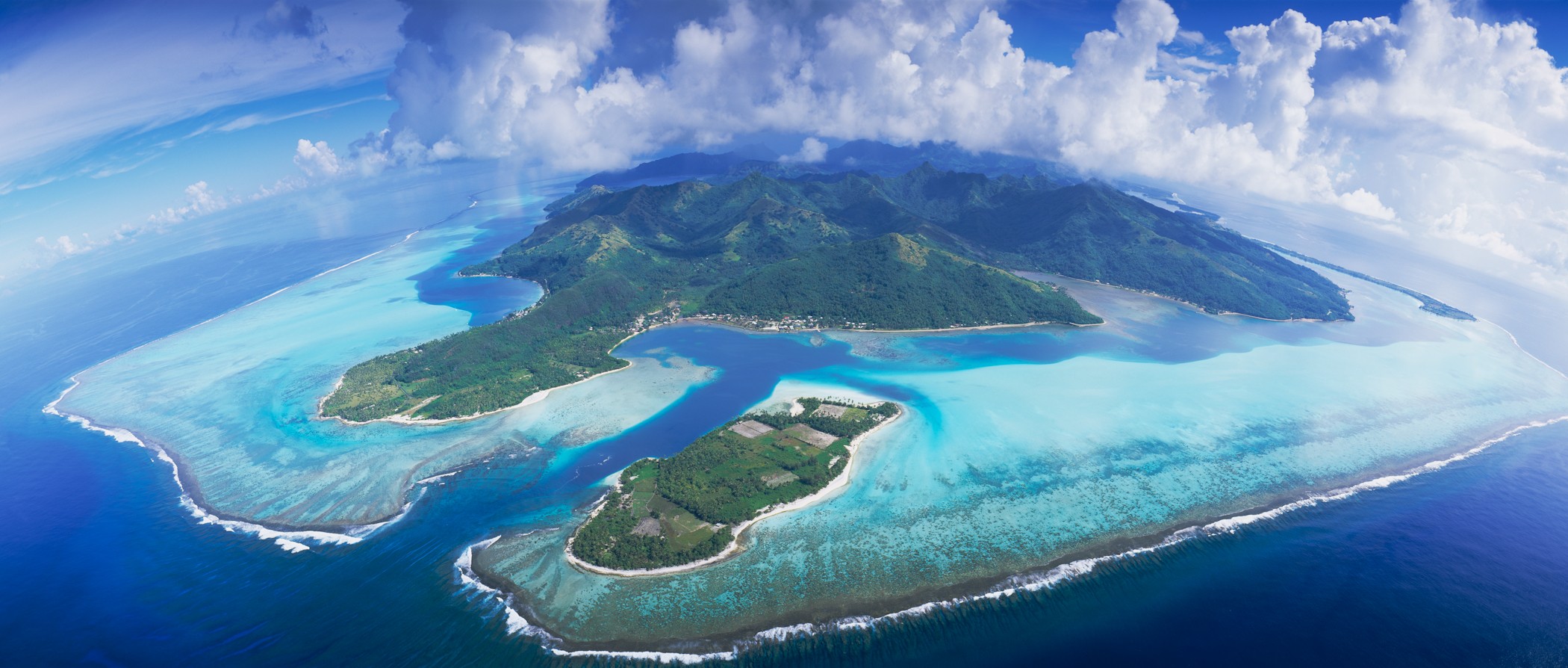 Aerial View Bora Bora Tropical Atolls Clouds Sea Mountains Beach Nature Landscape 2100x894